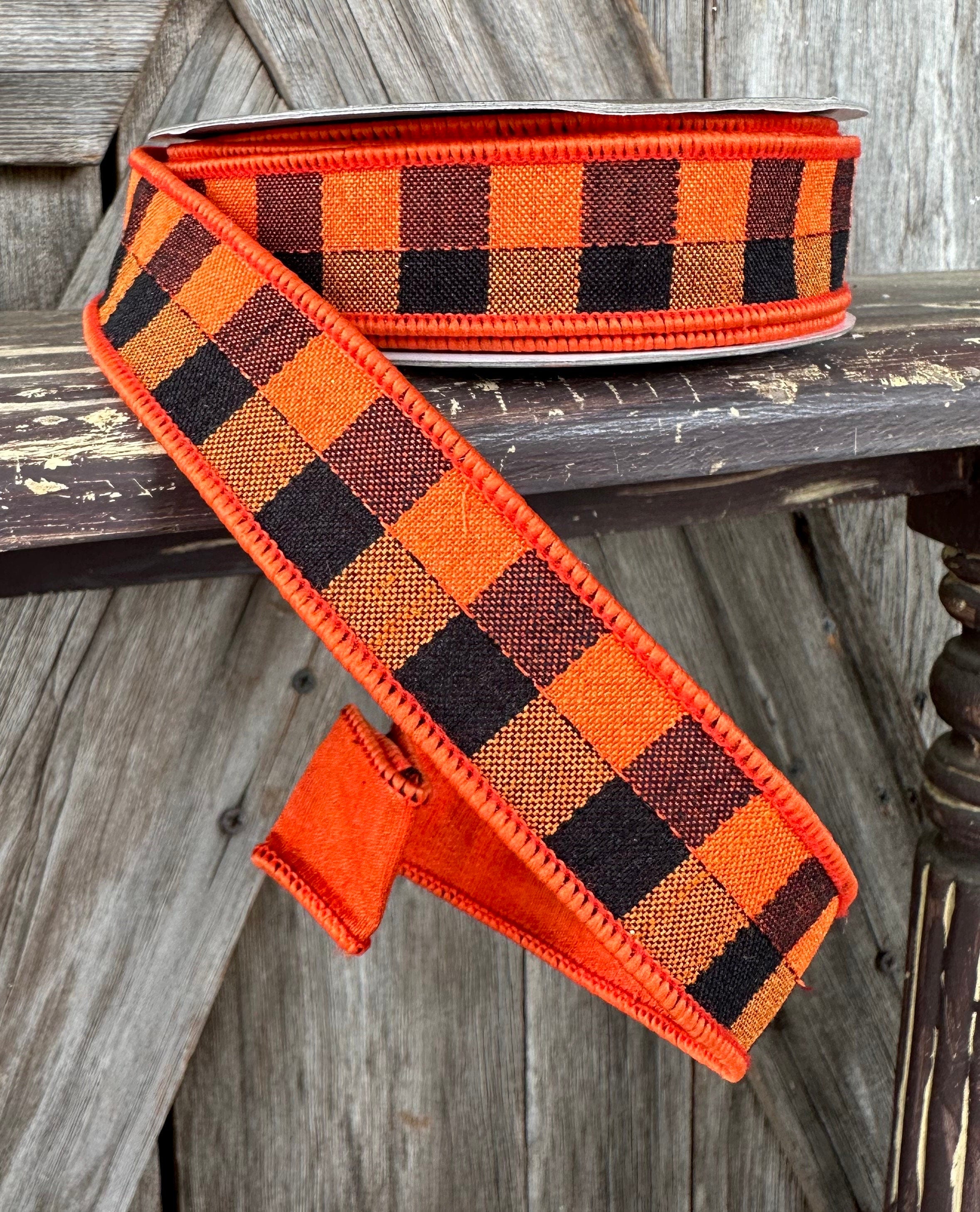 Orange Black Check Wired Ribbon 1 Inch
