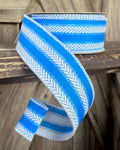 Blue White Iridescent Herringbone Stripes Wired Ribbon 1.5 Inch