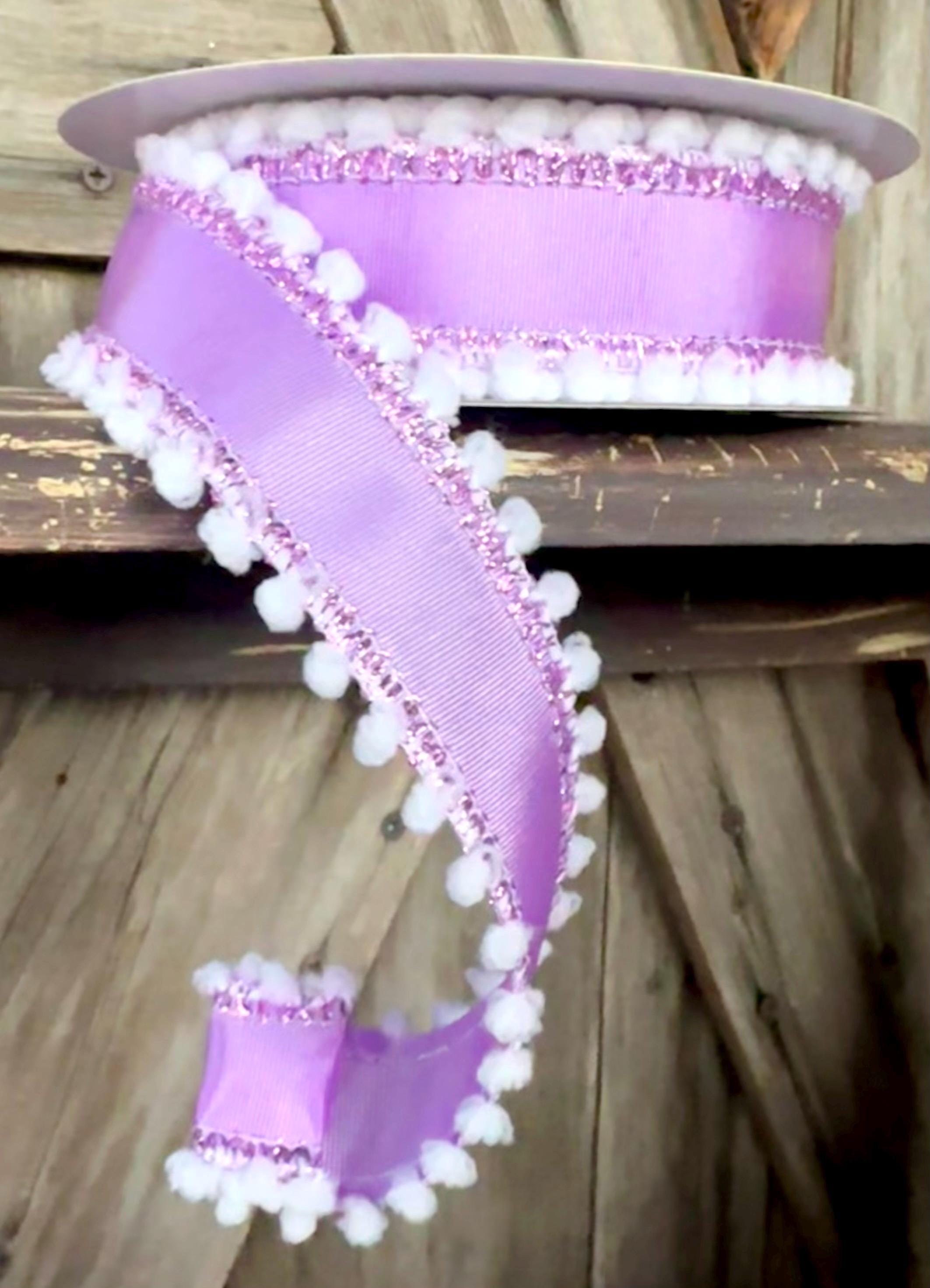 Lavender White Pom Pom Edge Wired Ribbon 1.5 Inch