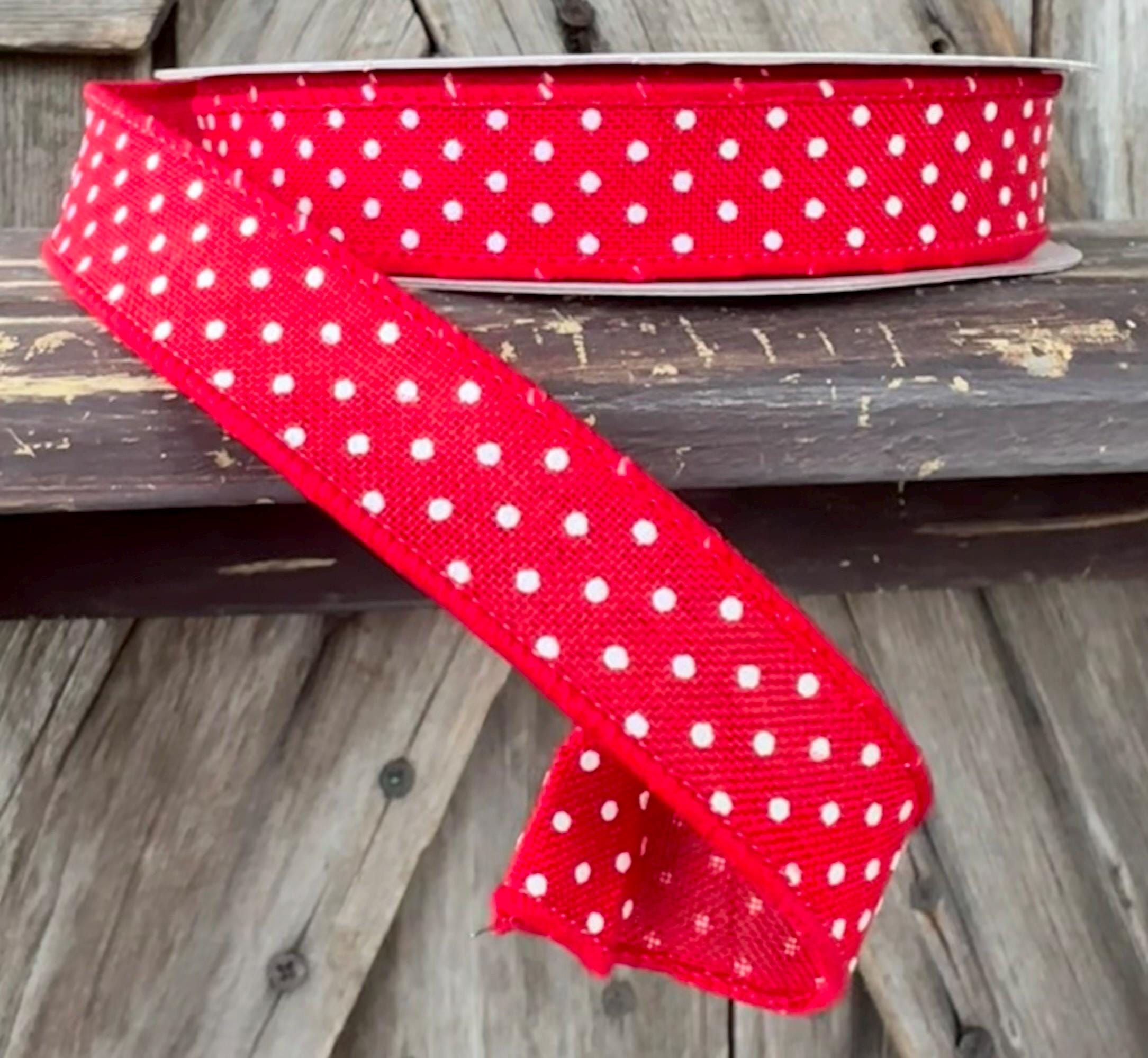Red White Raised Swiss Dots Wired Ribbon 5/8 Inch