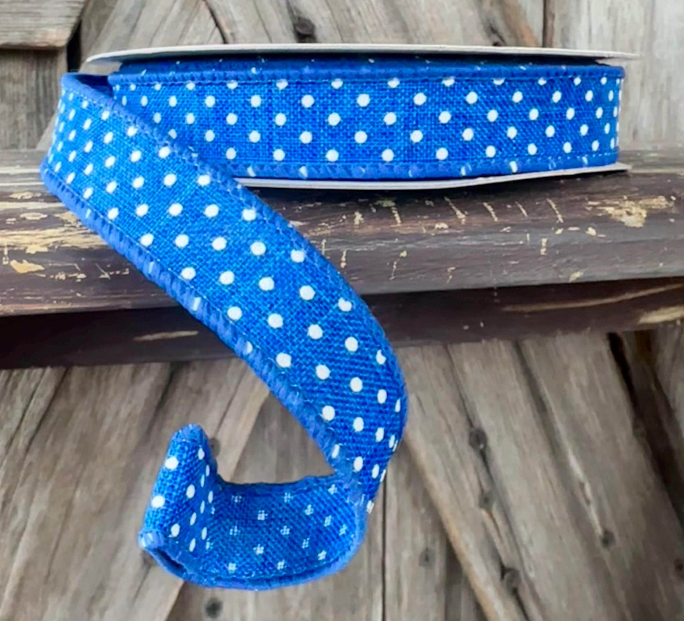 Blue White Raised Swiss Dots Wired Ribbon 5/8 Inch