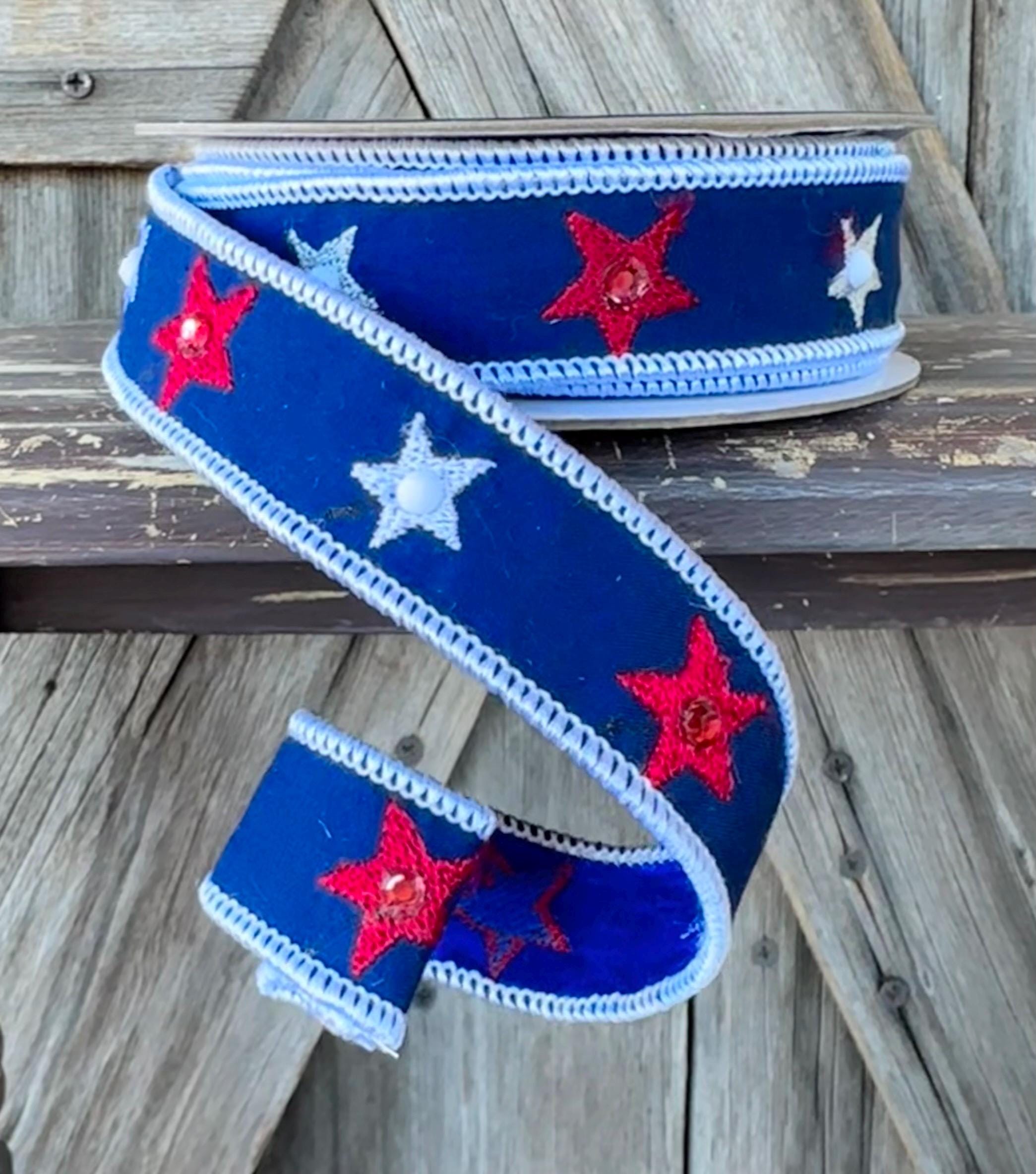 Blue Embroidery Jeweled Star Wired Ribbon 1 Inch
