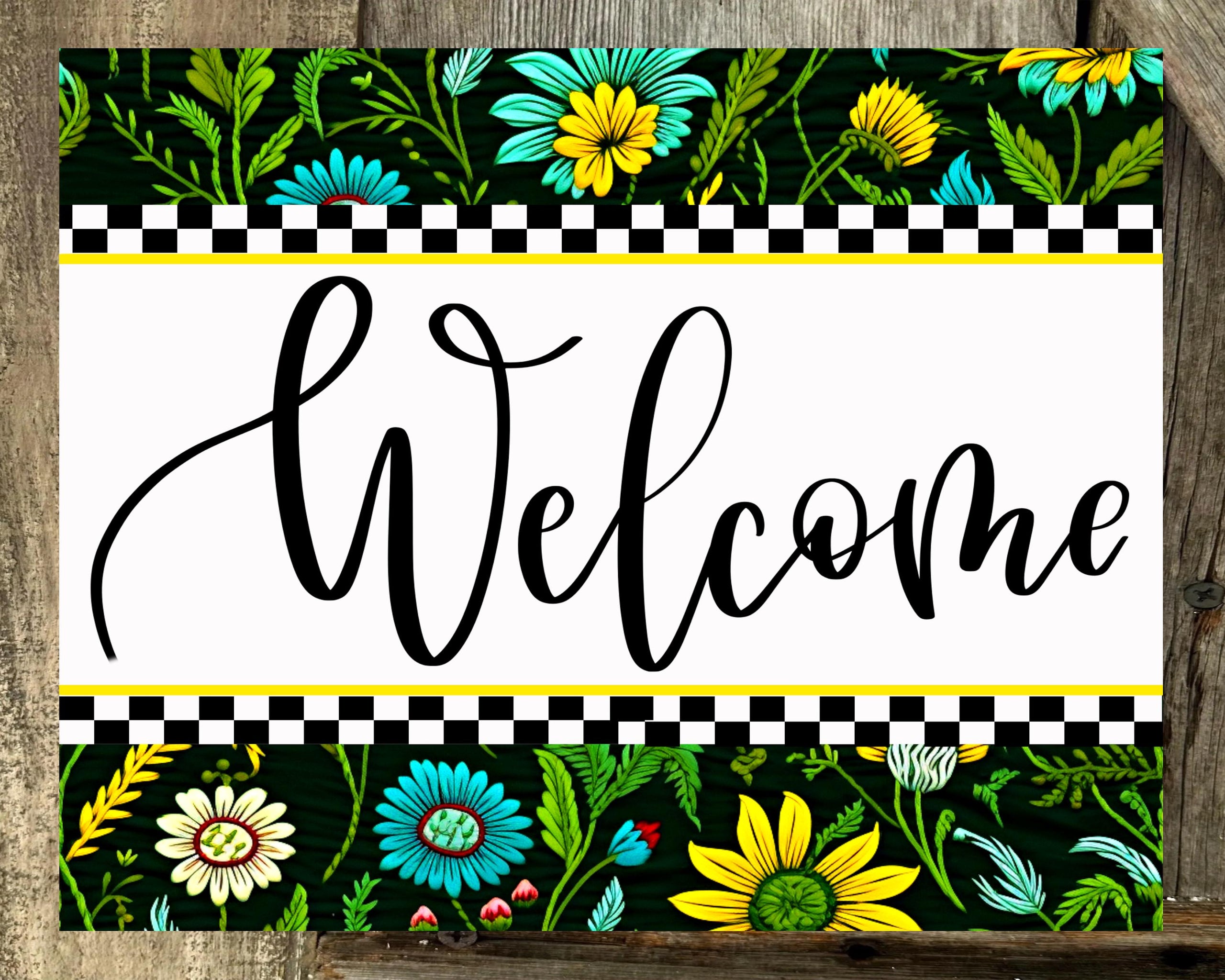Welcome, Green Turquoise Yellow Floral Print, Motivational Decor, Motivational Wall Art