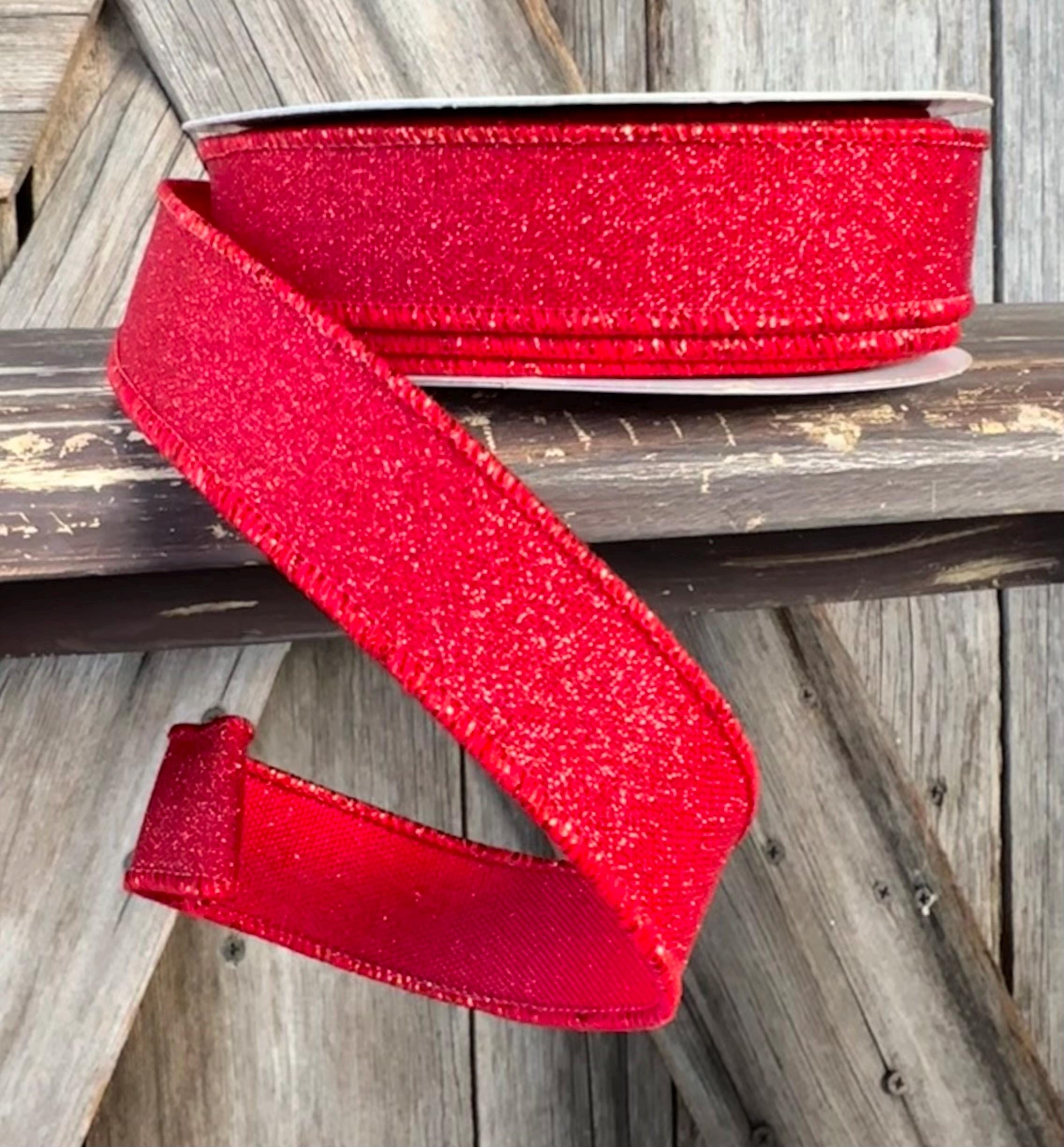 Red Fine Glitter Wired Ribbon 7/8 Inch