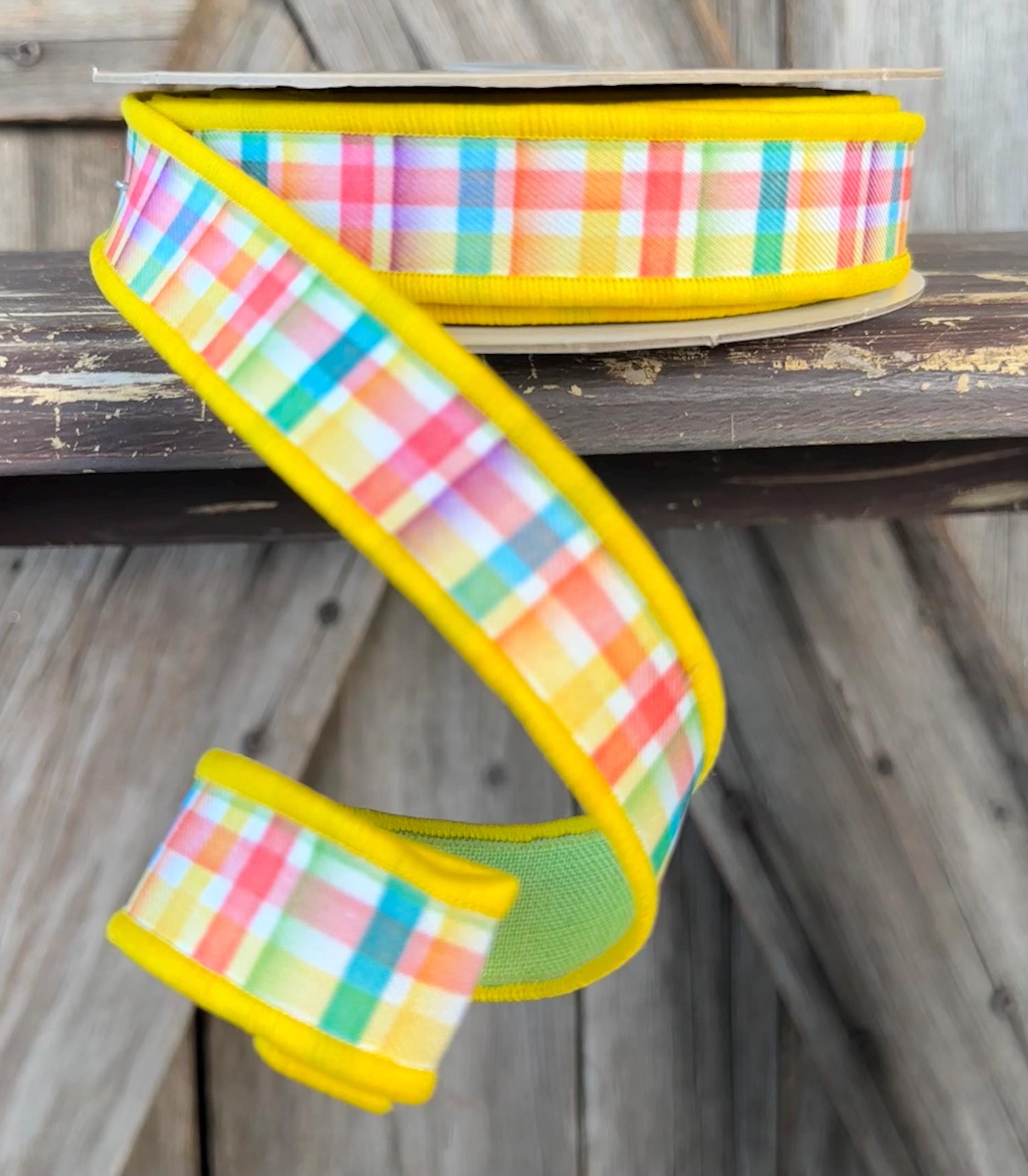 Colorful Spring Plaid Yellow Trim Wired Ribbon 7/8 Inch