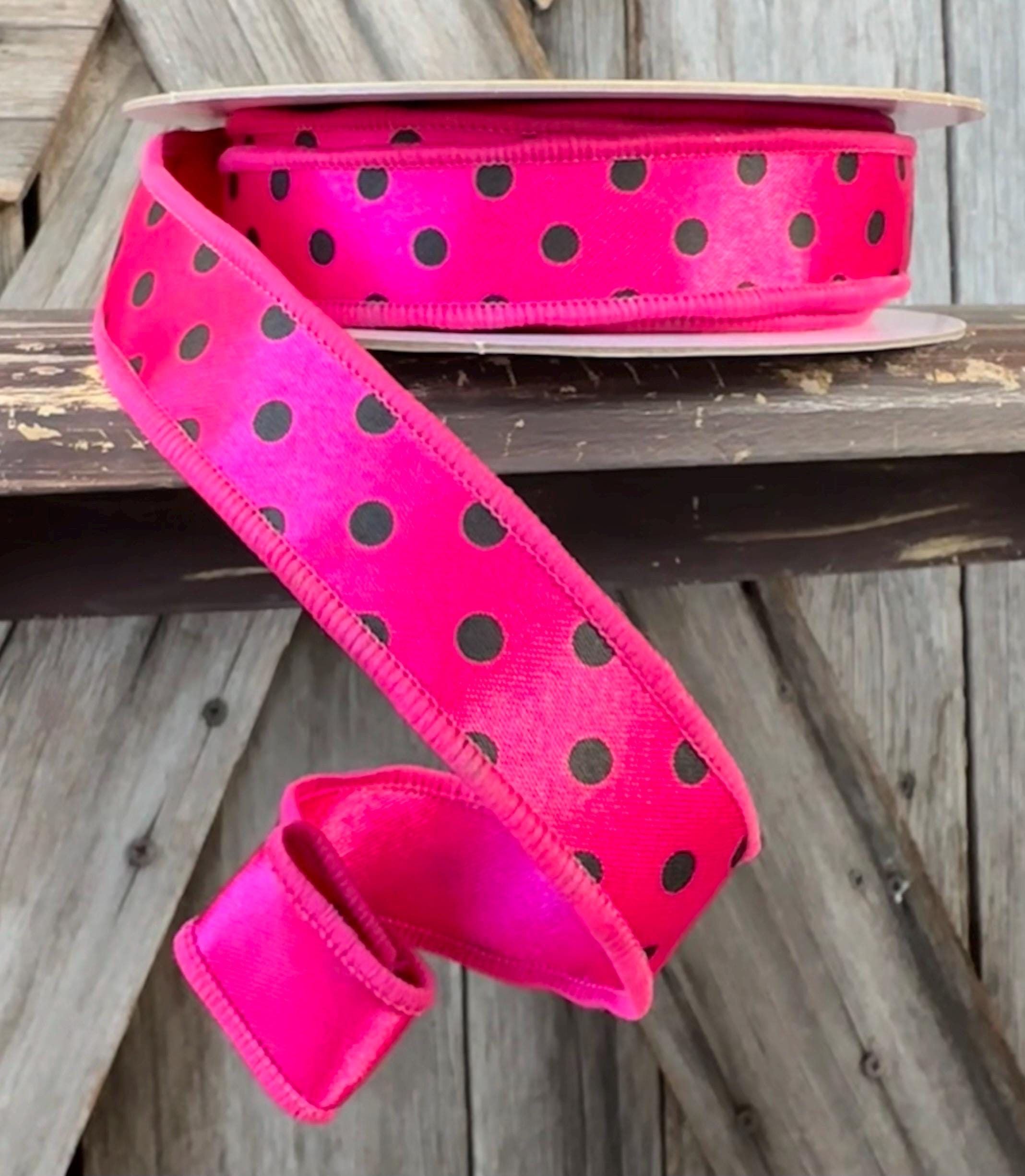 Hot Pink Polka Dot Wired Ribbon 7/8 Inch