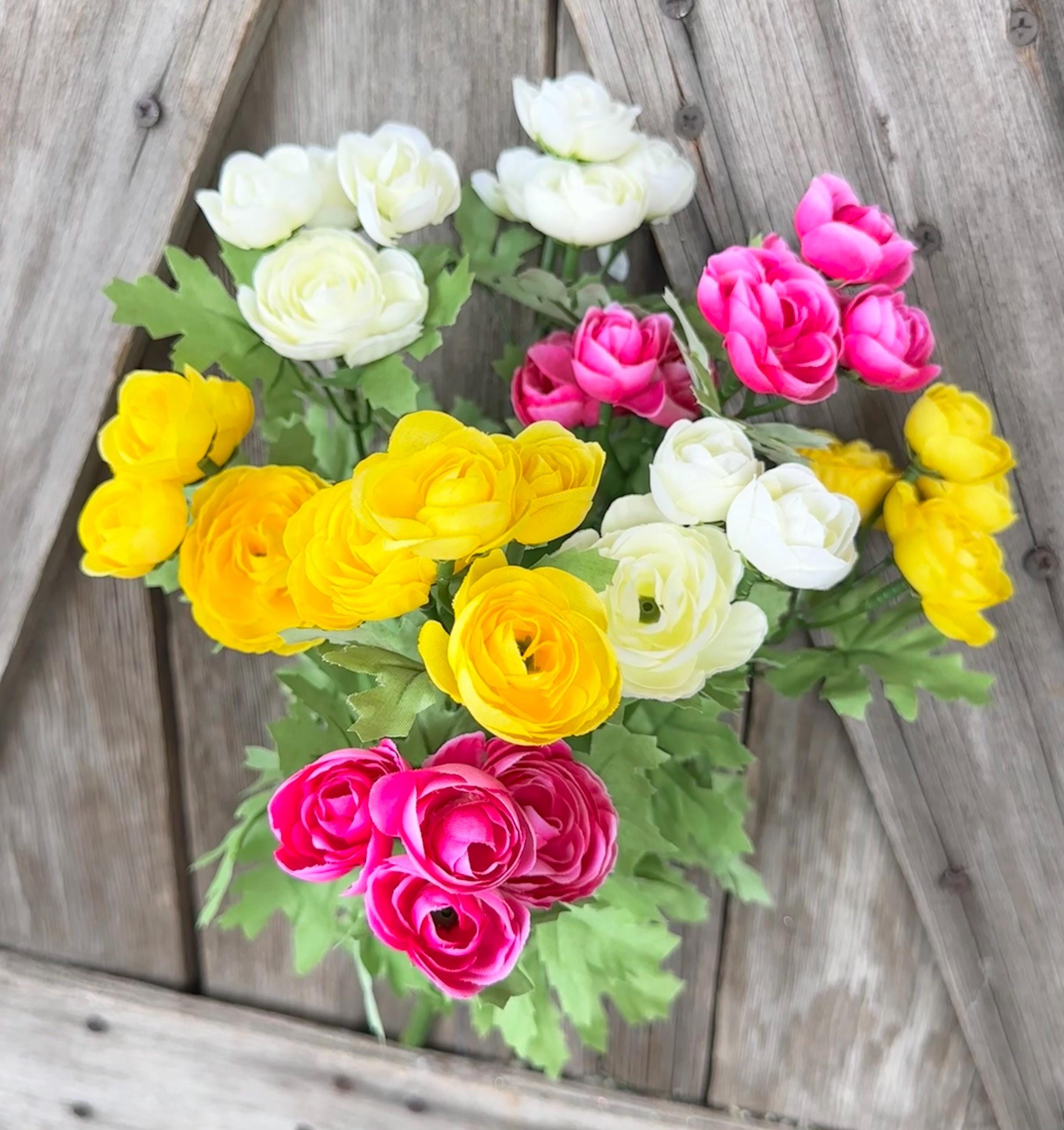 Hot Pink Yellow Cream Ranunculus Bush, Wreath Supply, Floral