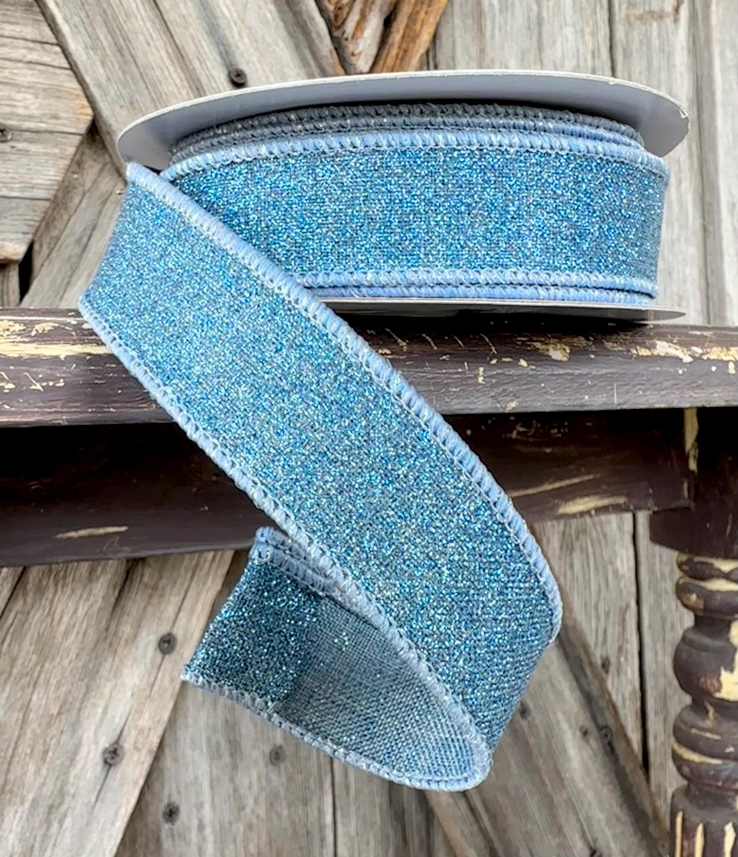 Smoke Blue Fine Glitter Wired Ribbon 5/8 Inch