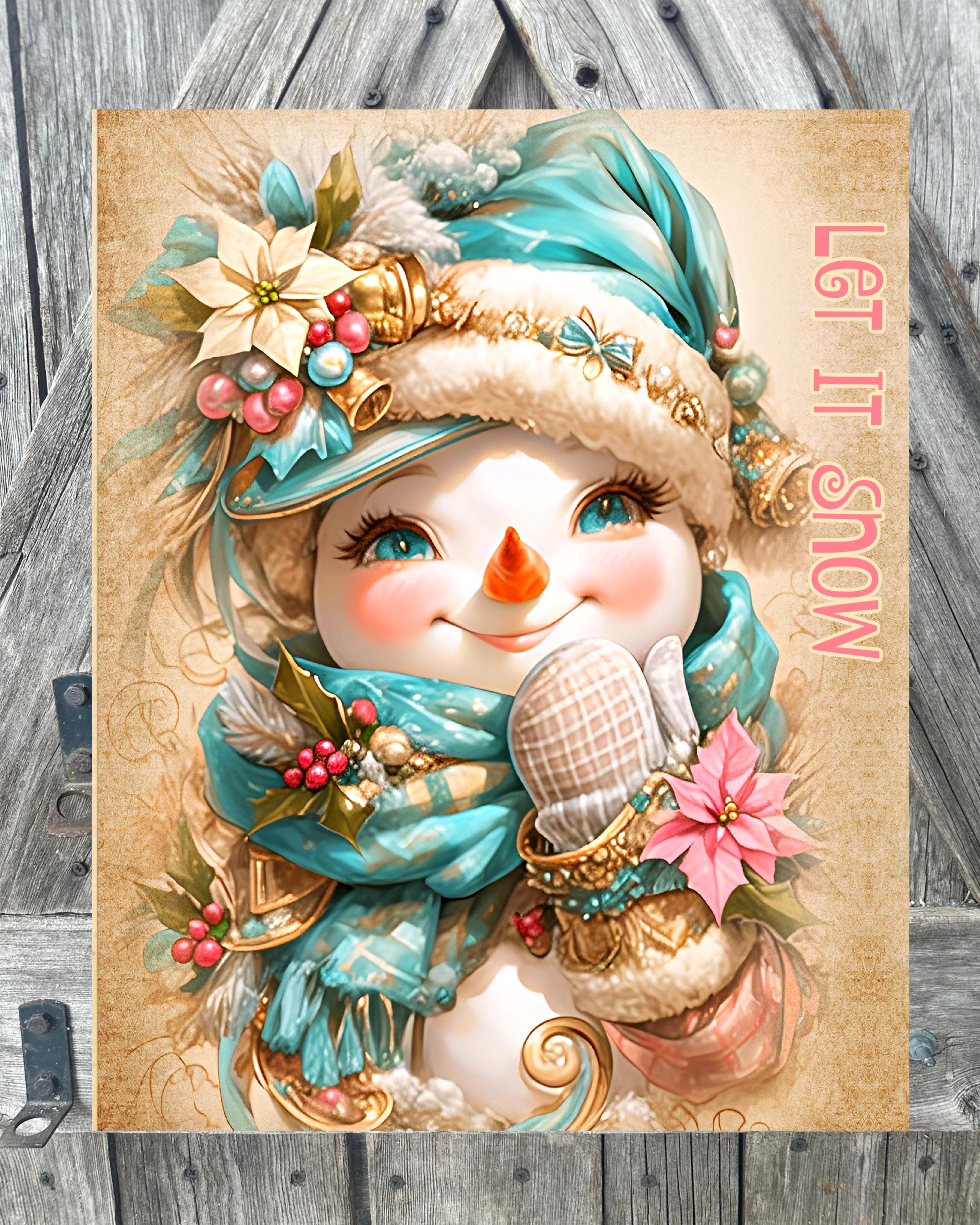Let It Snow Pink Mint Snowgirl, Christmas Sign, Christmas Decor, Christmas Wall Art