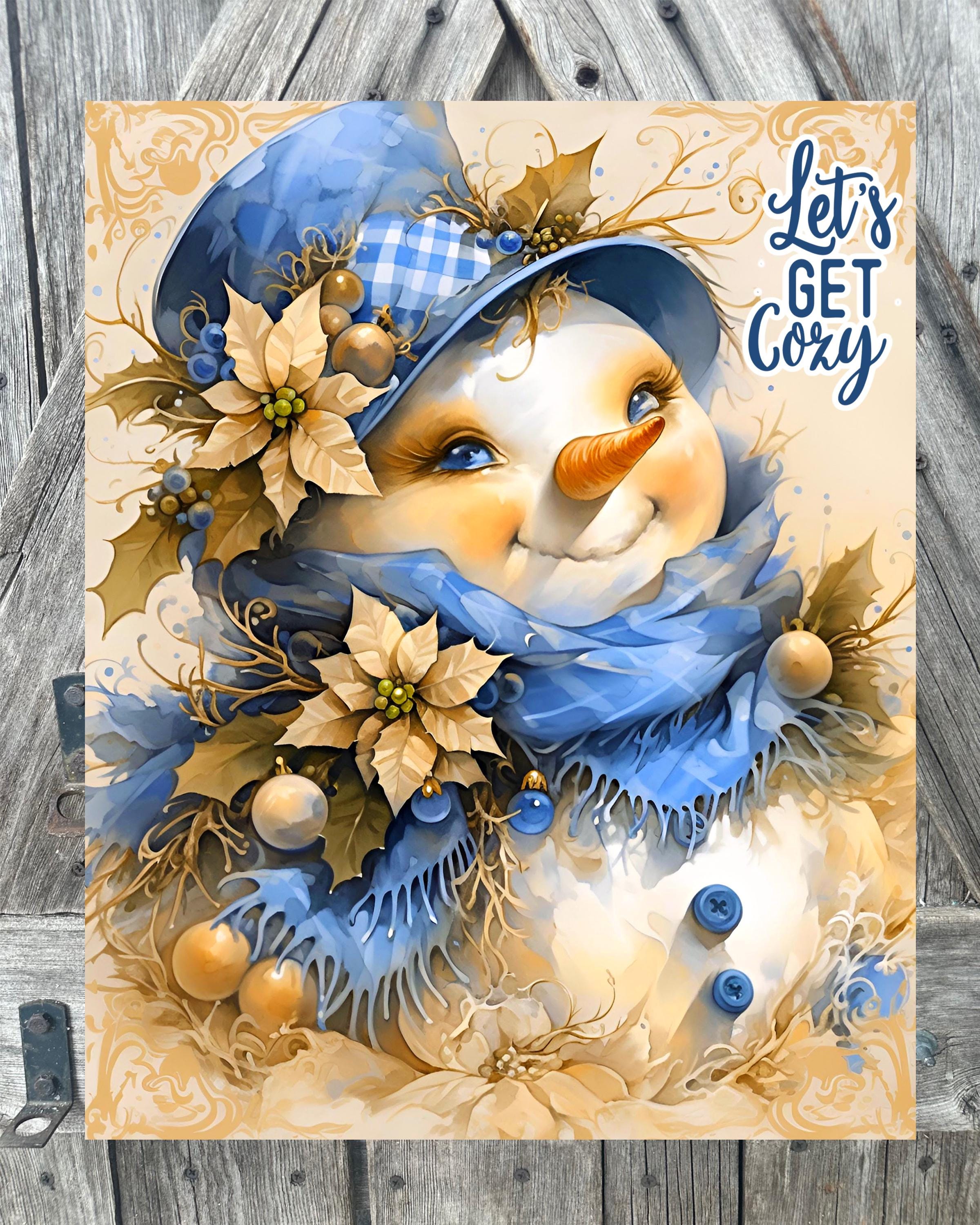 Lets Get Cozy Blue Snowman, Christmas Sign, Christmas Decor, Christmas Wall Art