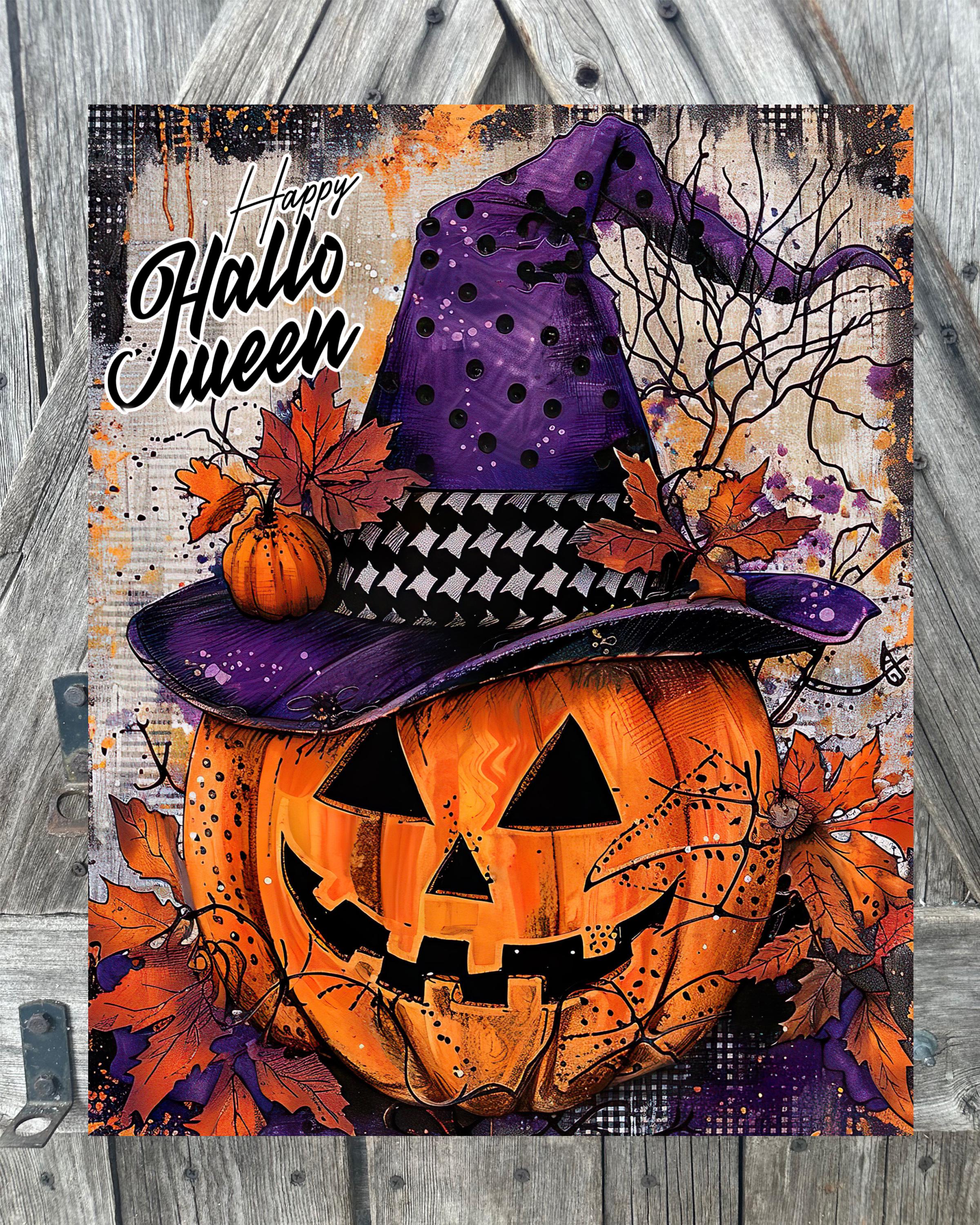Happy Halloween, Purple Orange Pumpkin, Halloween Sign, Halloween Decor, Halloween Wall Art