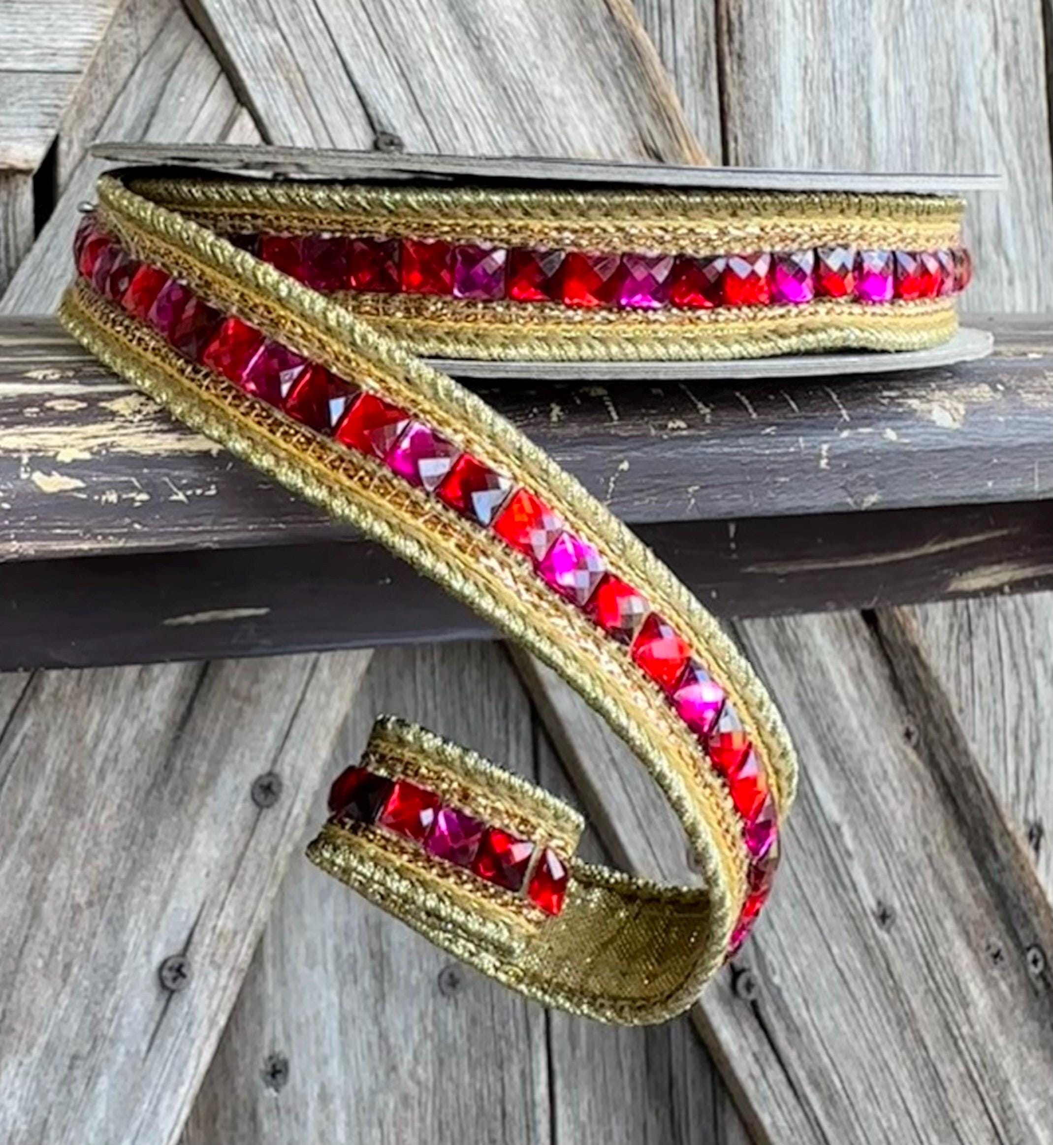 Hot Pink Red Jeweled Farrisilk Wired Ribbon 3/4 Inch