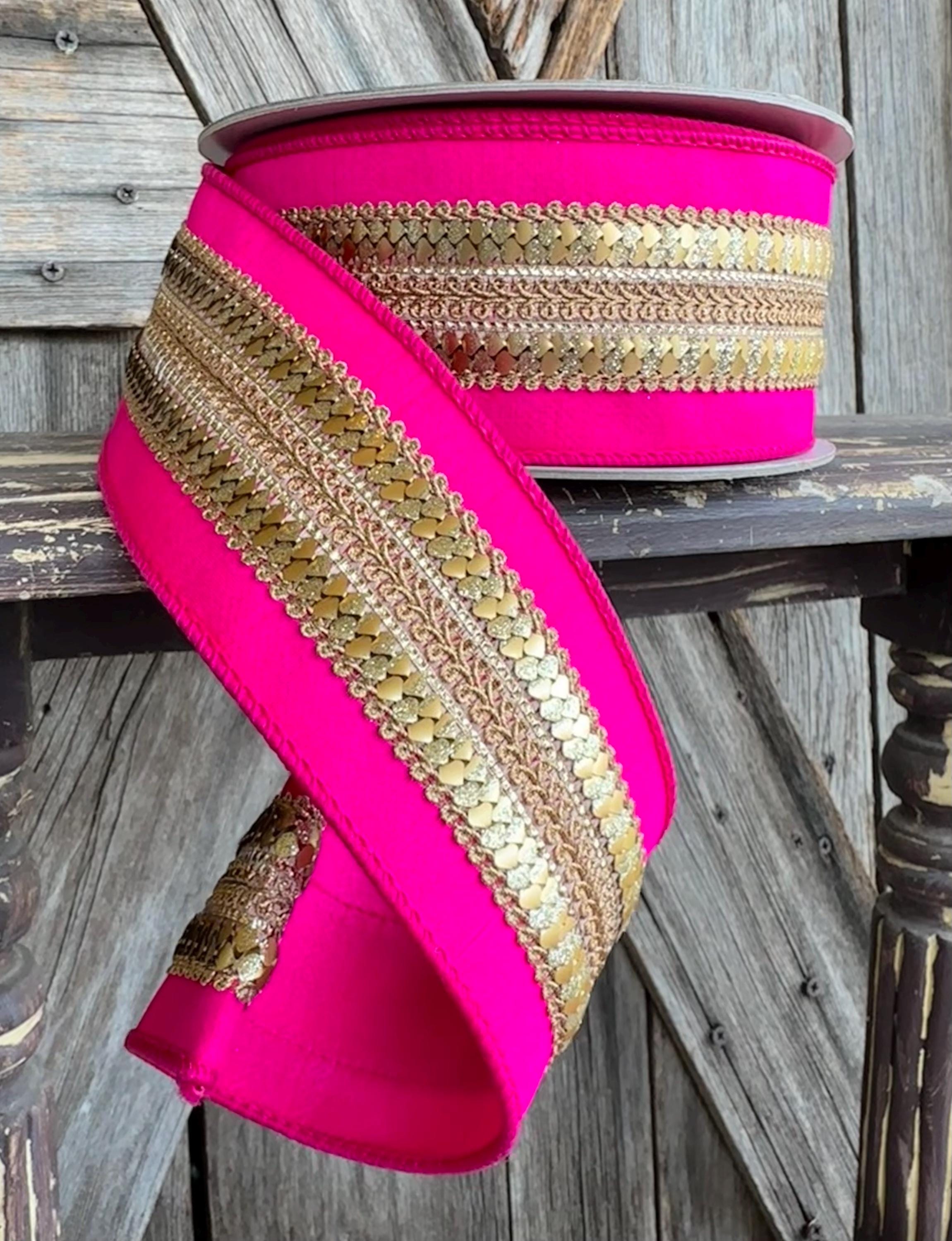 Hot Pink Gold Sequined Wired Ribbon 2.5 Inch