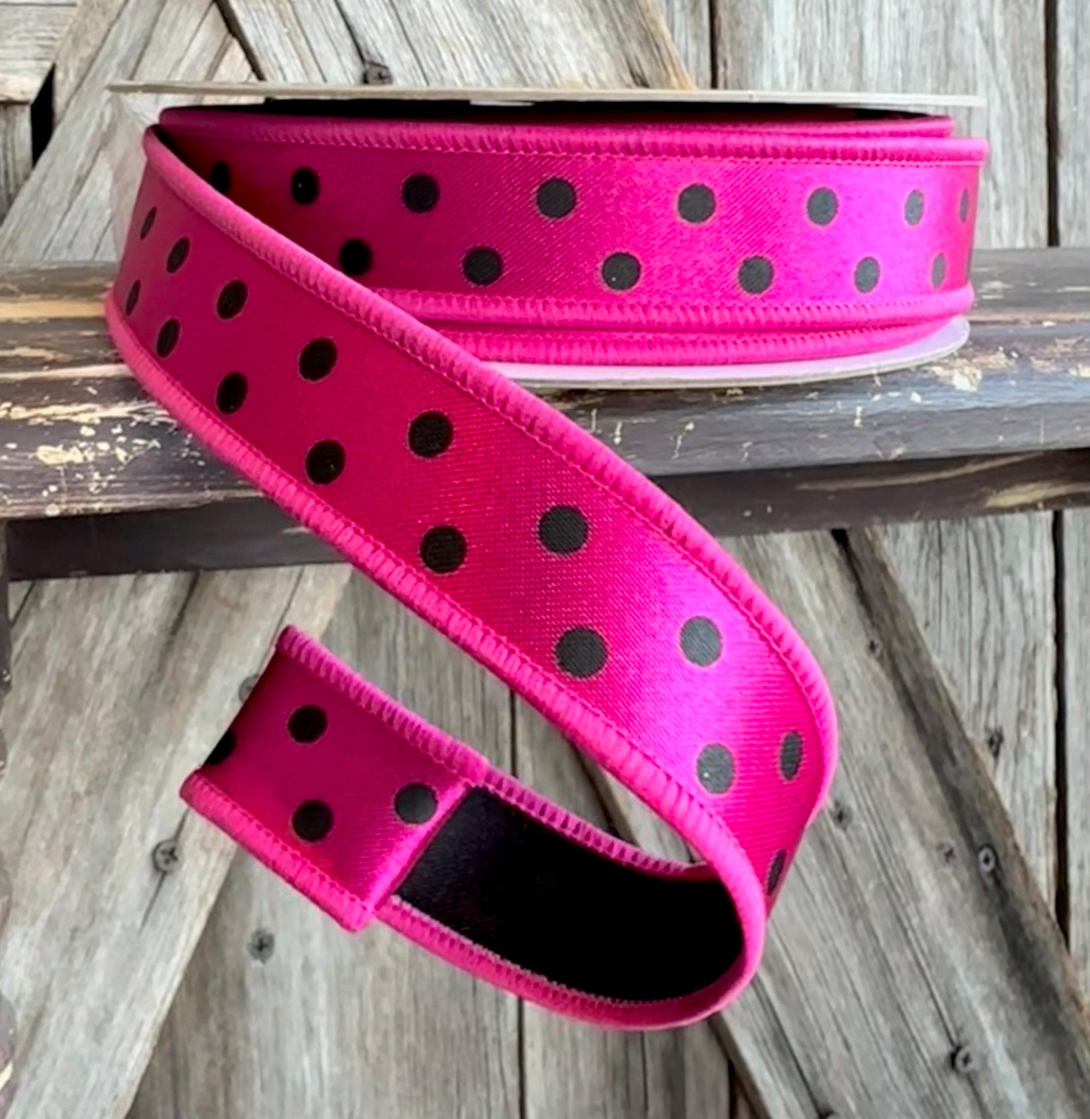 Hot Pink & Black Polka Dot Wired Ribbon 7/8 Inch