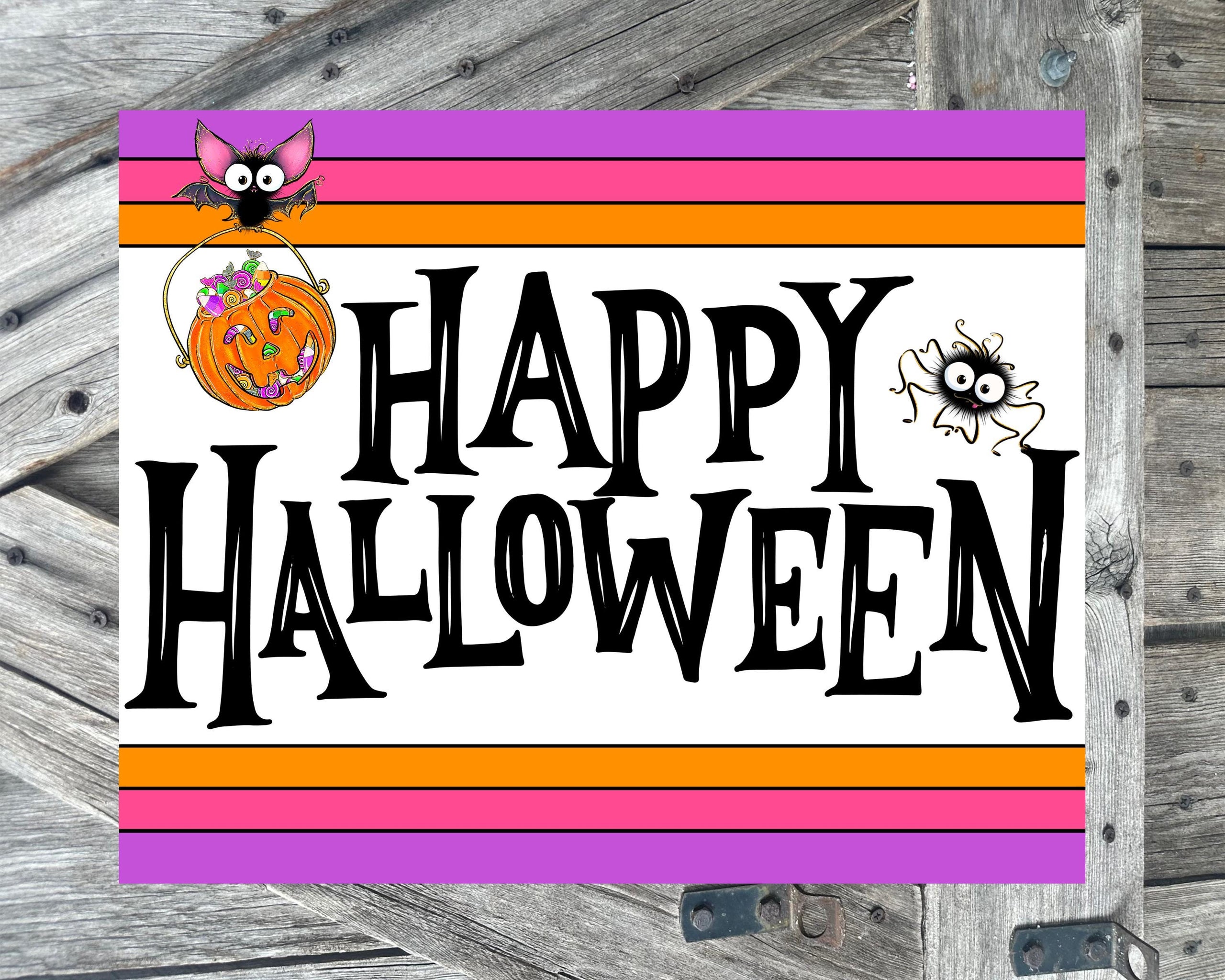 Happy Halloween Pink Purple Orange, Halloween Sign, Halloween Decor, Halloween Wall Art