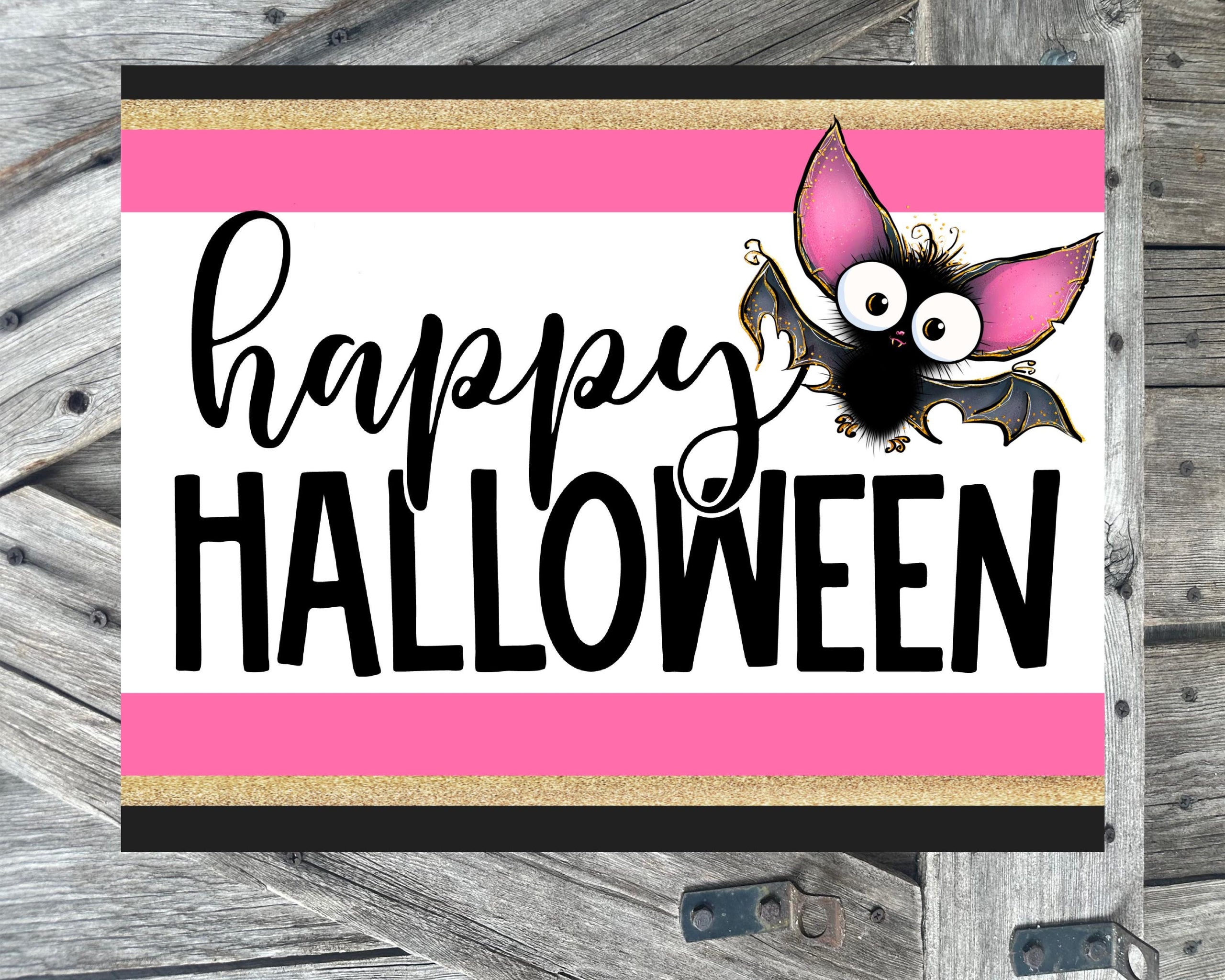 Happy Halloween Pink Black Bat, Halloween Sign, Halloween Decor, Halloween Wall Art