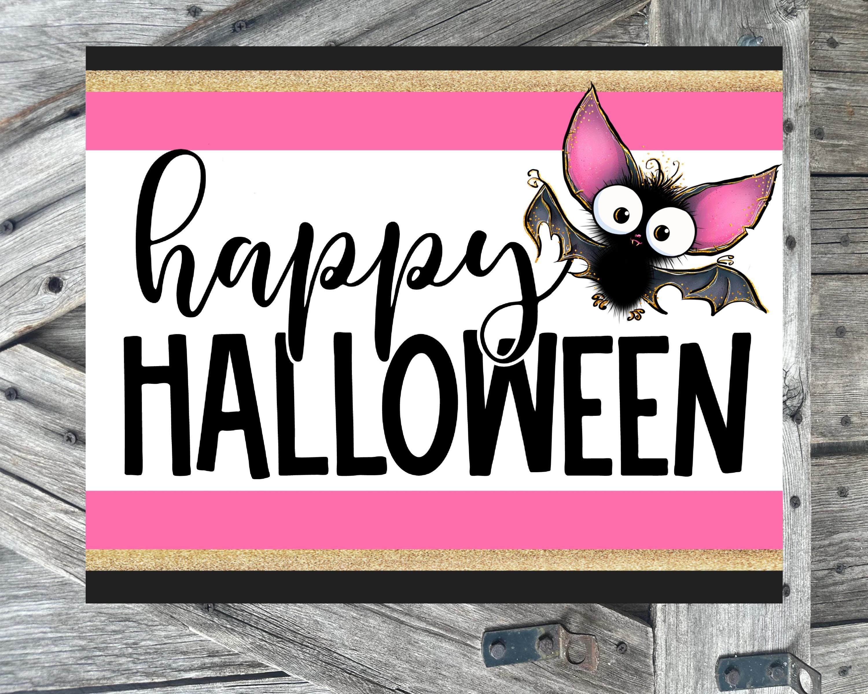 Happy Halloween Pink Black Bat, Halloween Sign, Halloween Decor, Halloween Wall Art