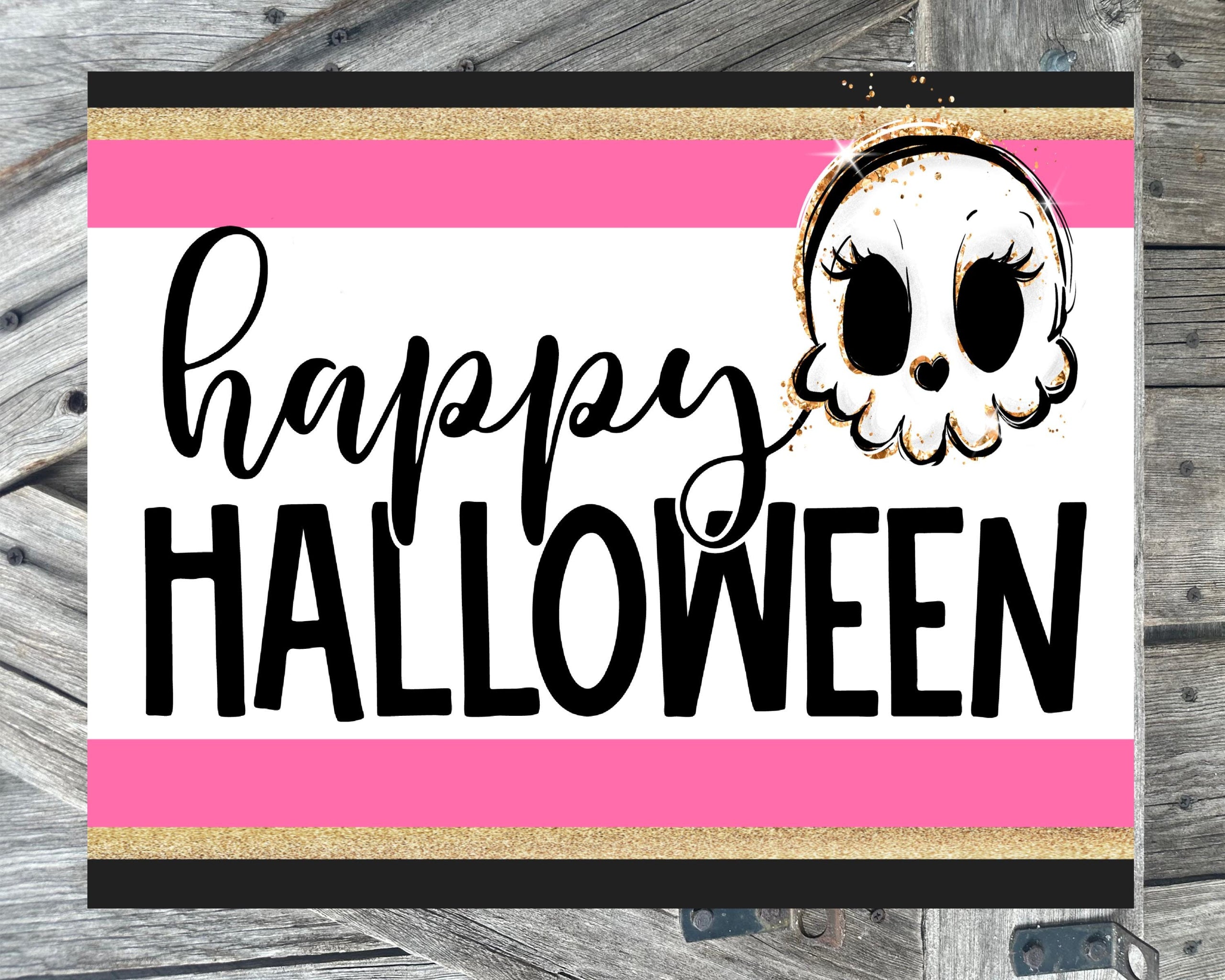 Happy Halloween Pink Black Skull, Halloween Sign, Halloween Decor, Halloween Wall Art