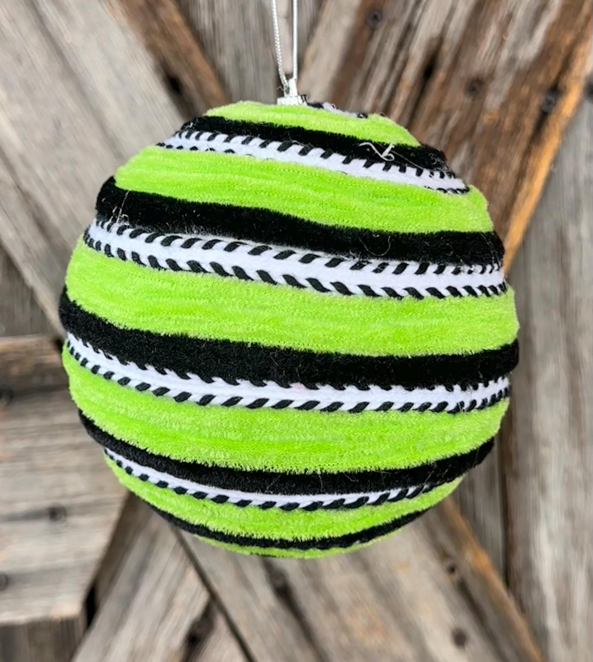 Green Velvet Stripe Ornament , 6 Inches