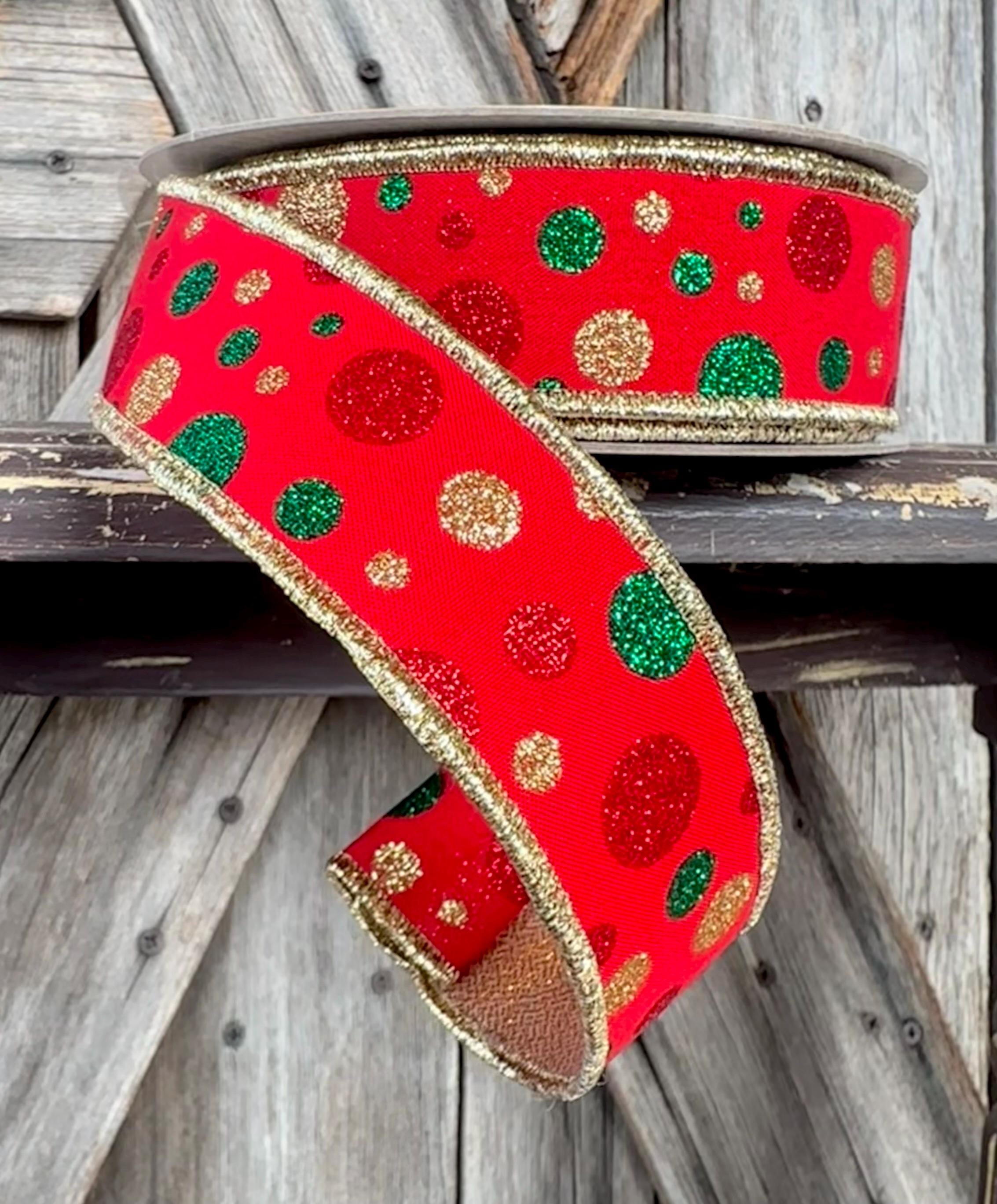 Red Green Gold Polka Dot with Gold Back Wired Ribbon 1.5 Inch