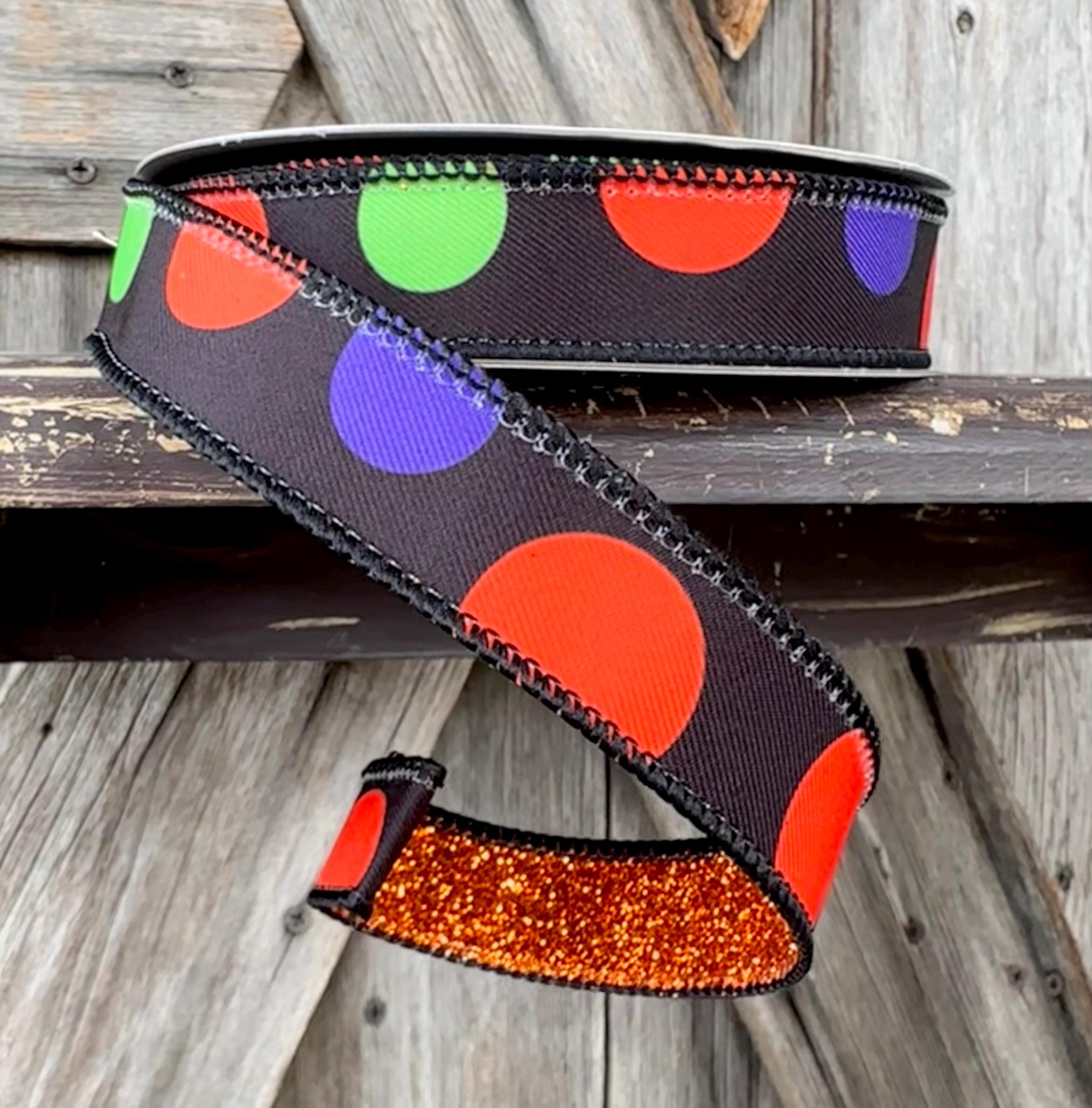 Orange Black Purple Green Polka Dot  Wired Ribbon 1 Inch