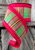 Red Green Plaid Pink Check Trim Wired Ribbon 4 Inch