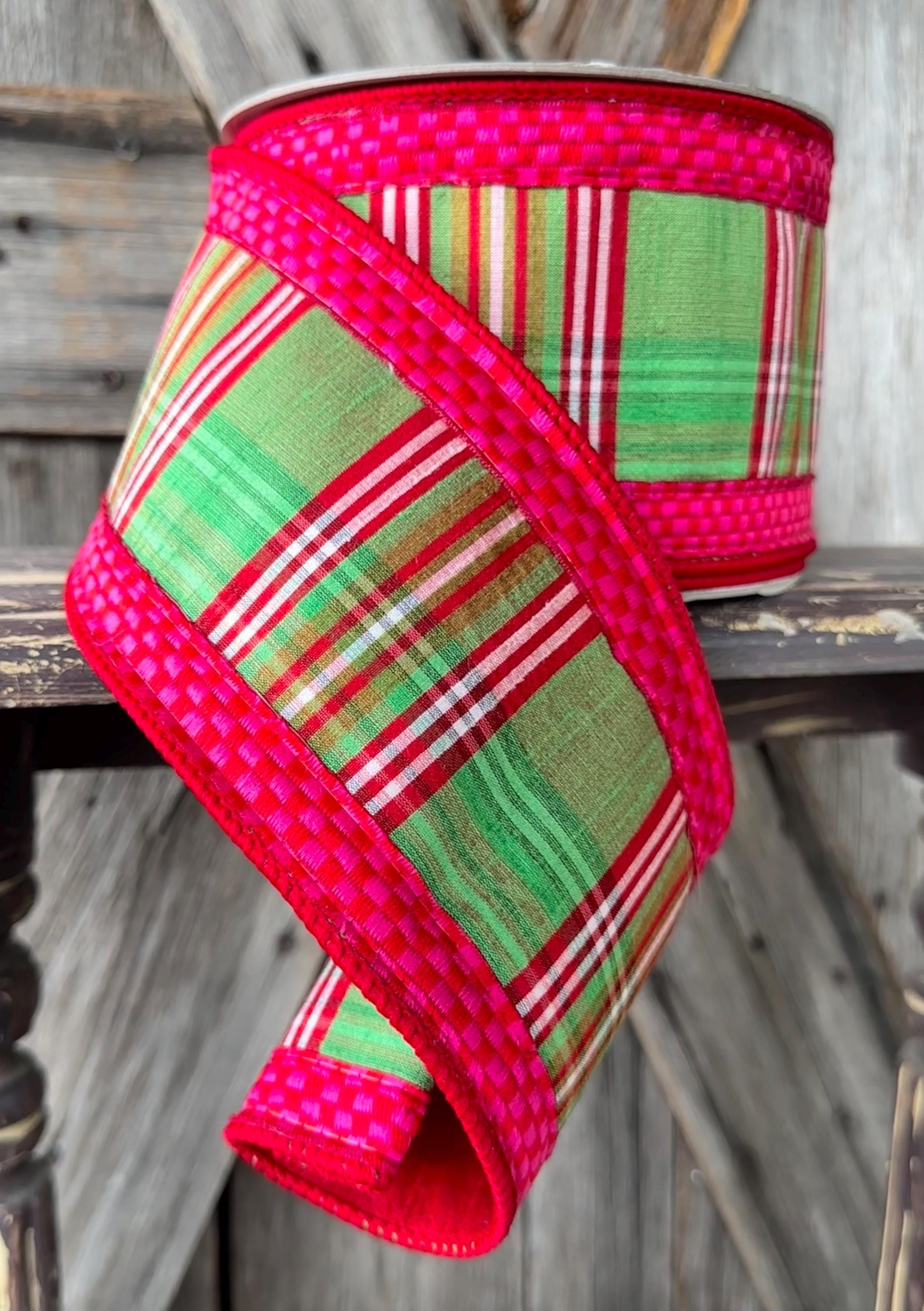 Red Green Plaid Pink Check Trim Wired Ribbon 4 Inch