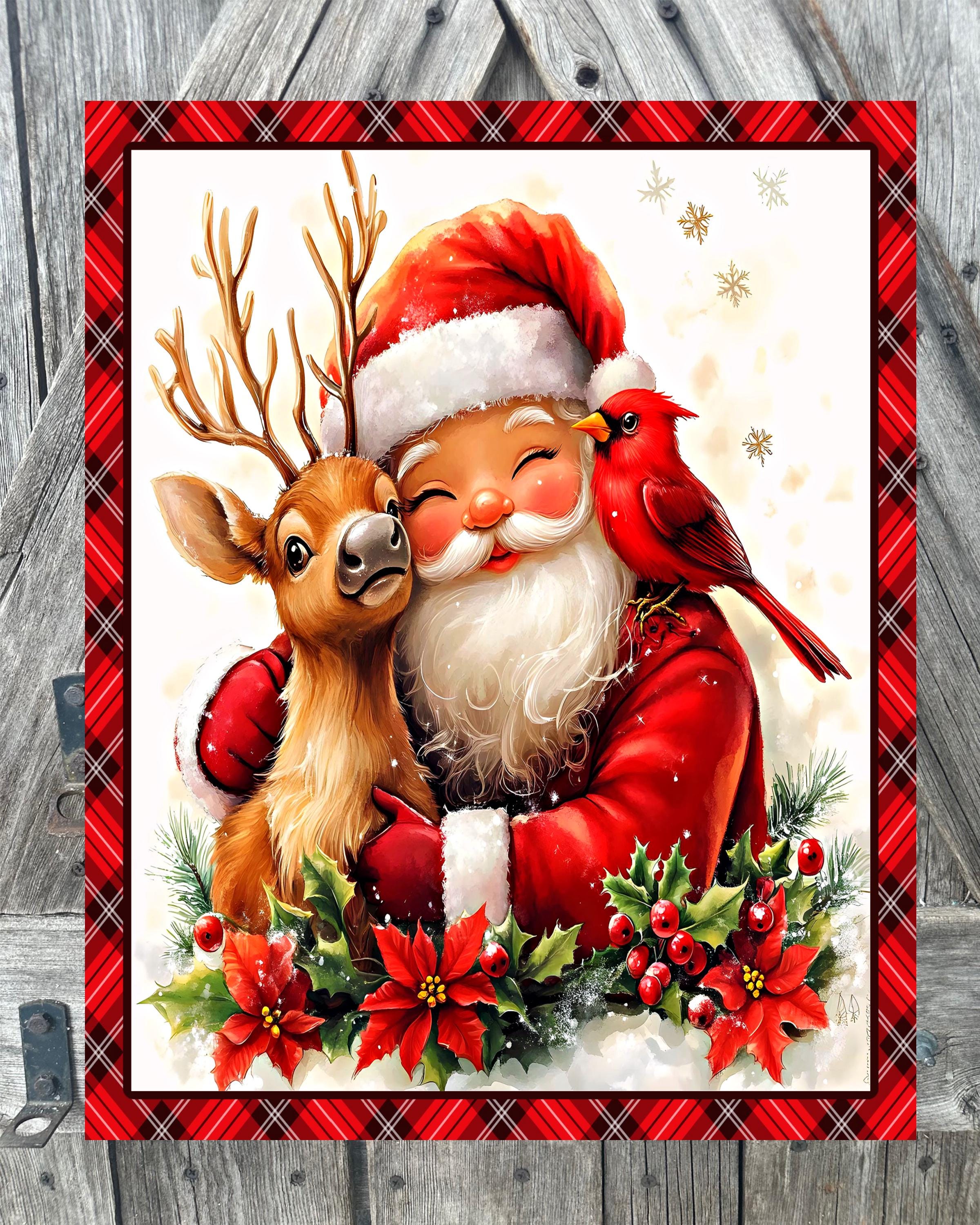 Santa Cardinal Deer, Christmas Sign, Christmas Decor, Christmas Wall Art