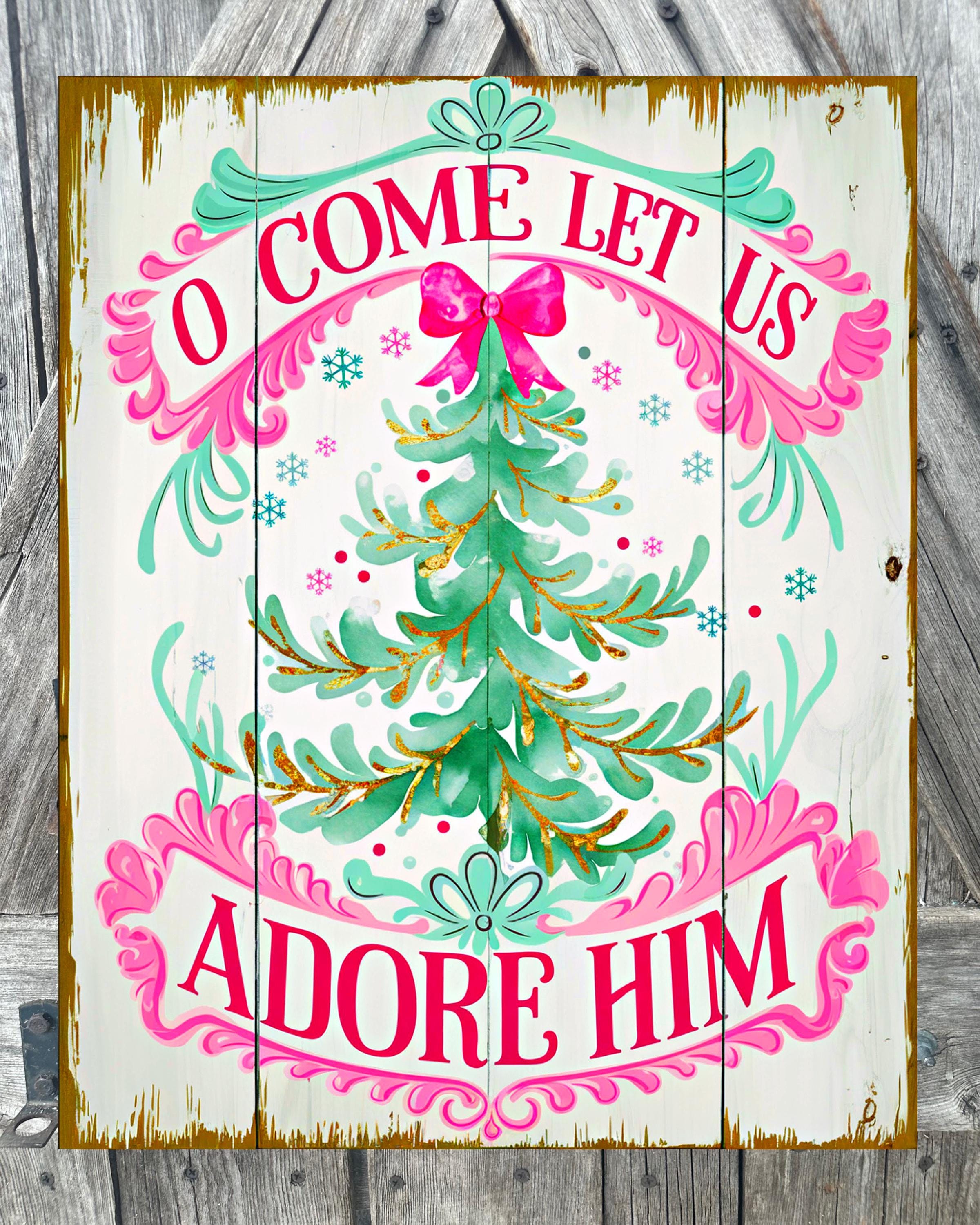 O Come Let Us Adore Him Pink Mint, Christmas Sign, Christmas Decor, Christmas Wall Art