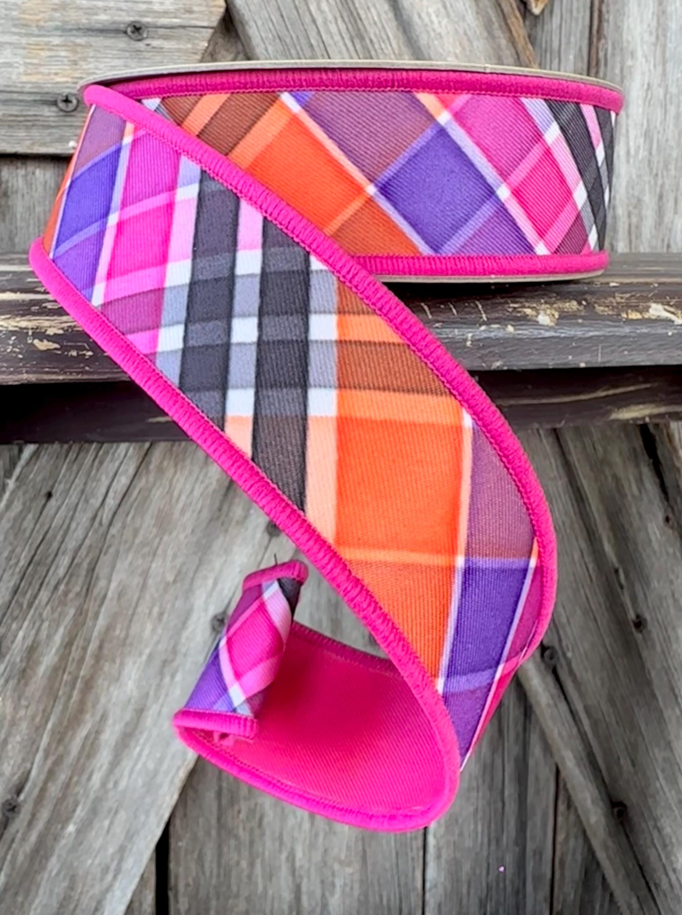 Pink Purple Orange Black Plaid Wired Ribbon 1.5 Inch