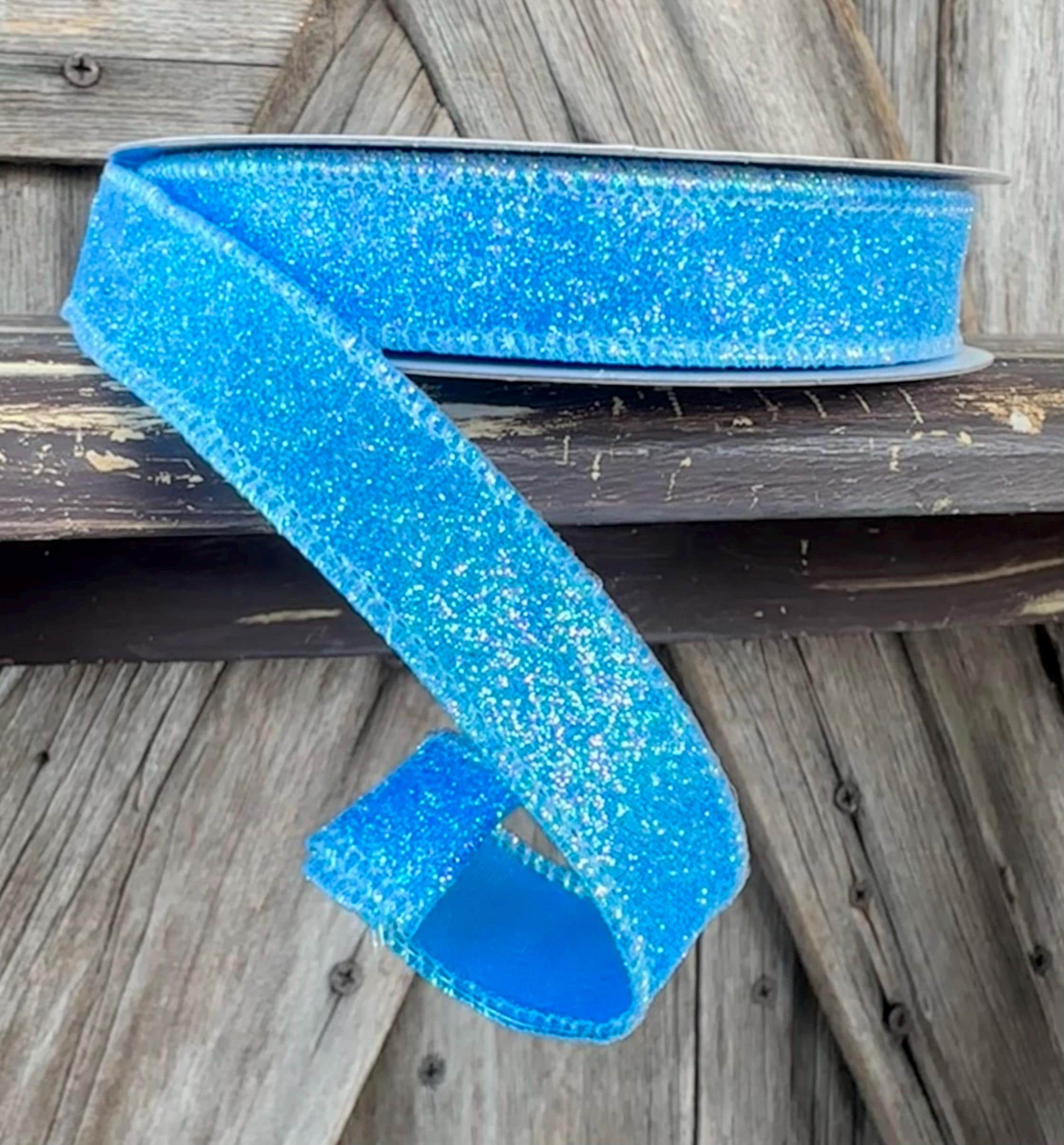 Blue Iridescent Glitter Wired Ribbon 5/8 Inch