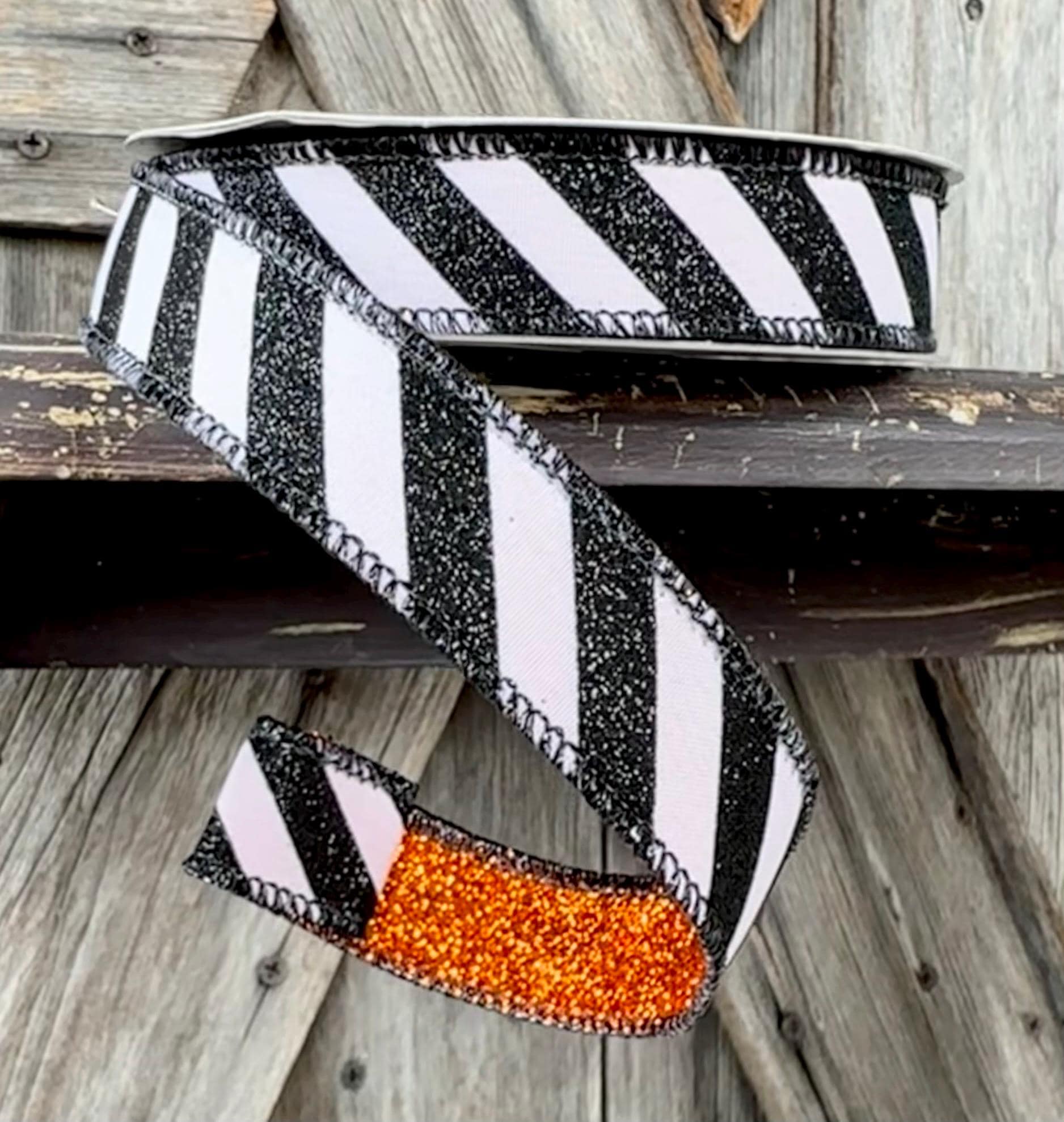 Orange Black White Glitter Stripe Wired Ribbon 1 Inch