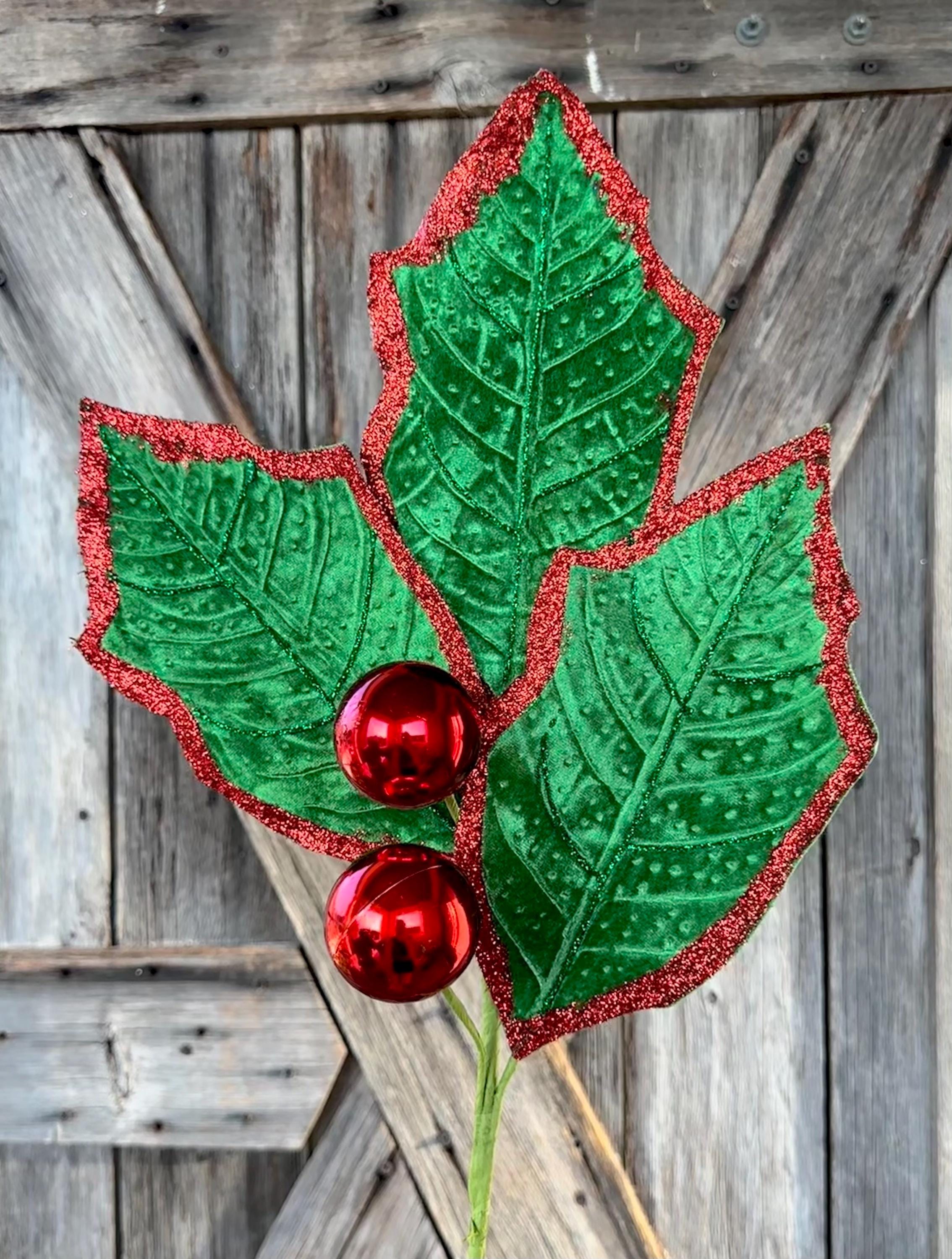 Red Green Holly Leaf Spray, Large 9 Inches