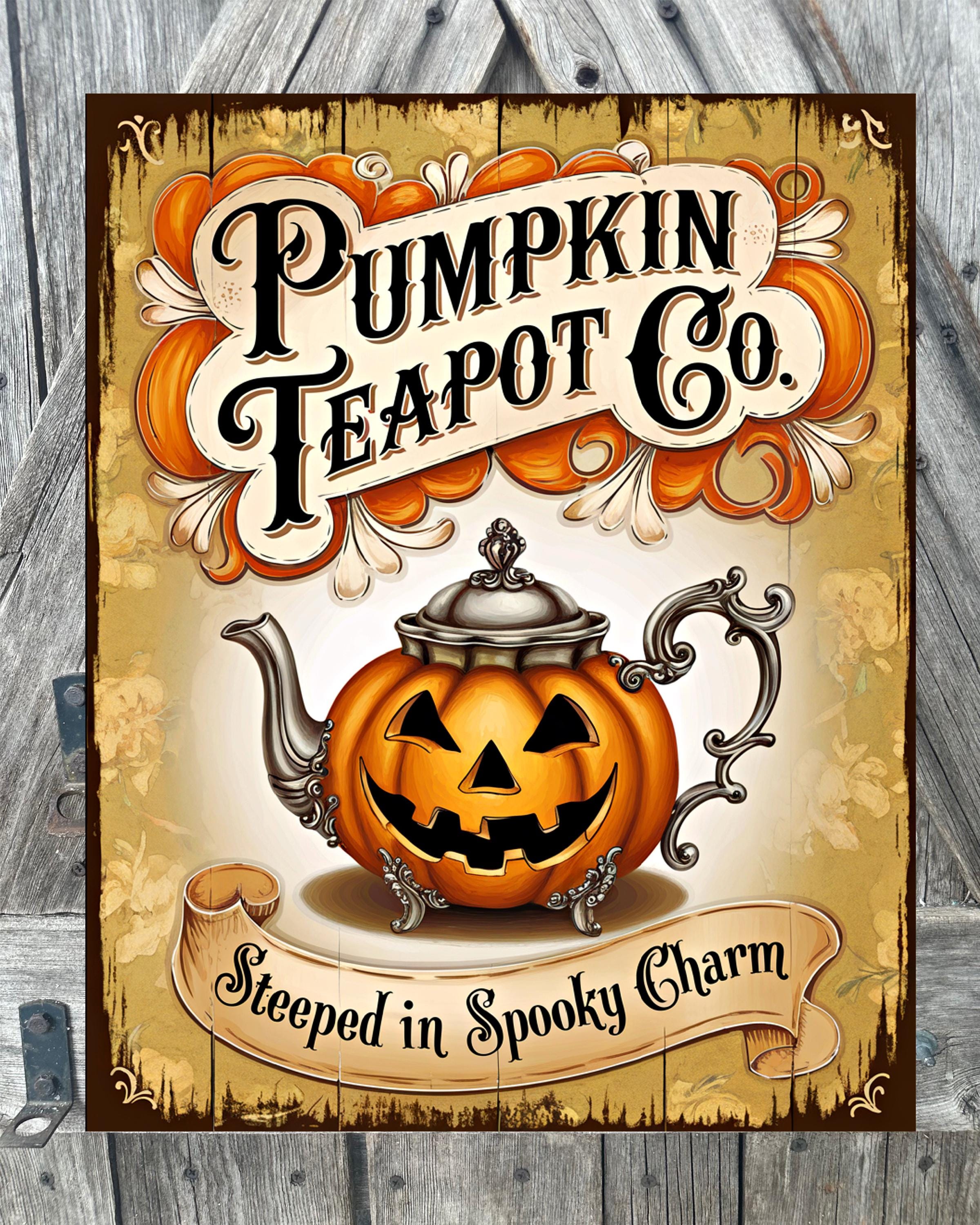 Pumpkin Teapot, Halloween Sign, Halloween Decor, Halloween Wall Art