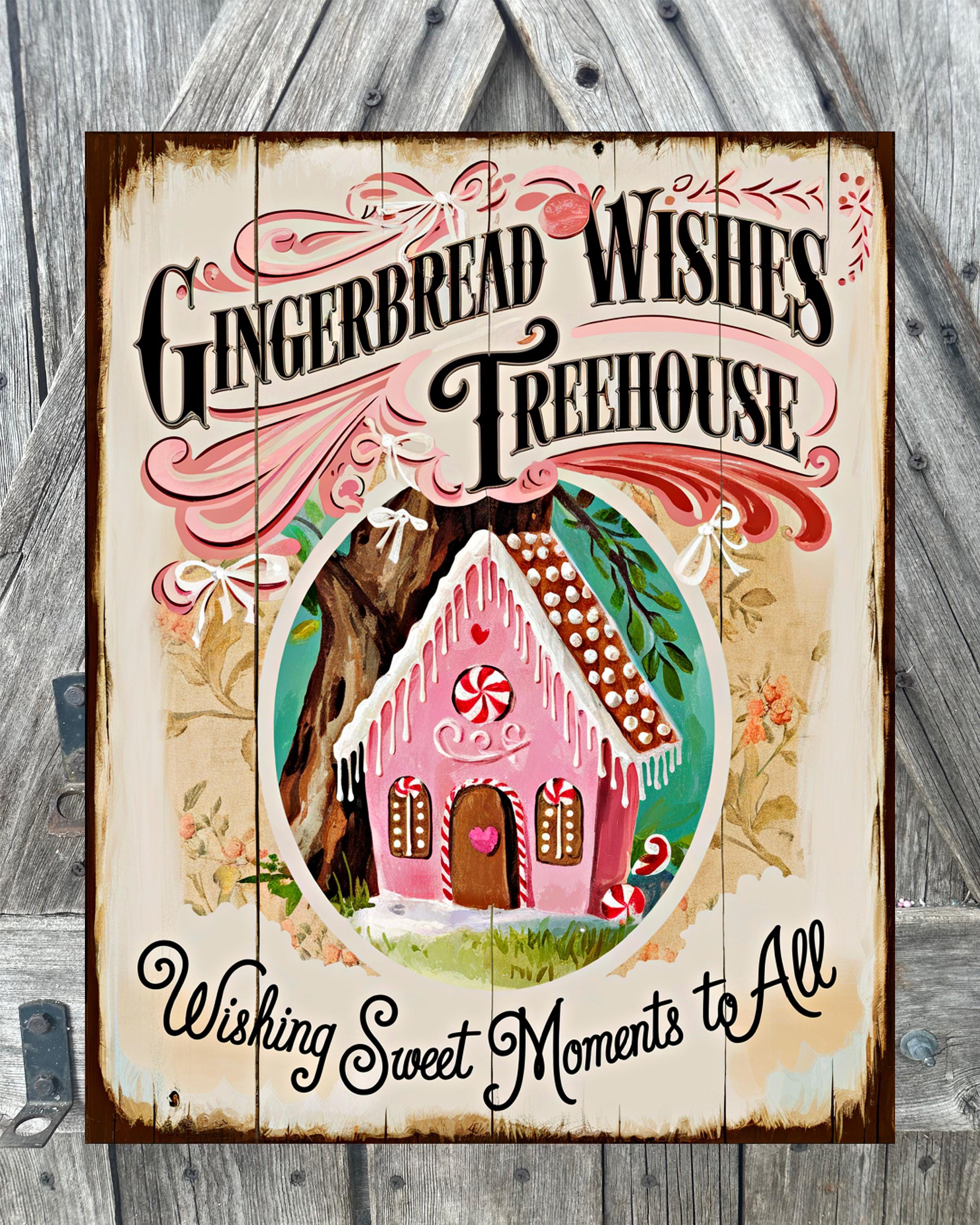 Gingerbread Wishes Treehouse, Christmas Sign, Christmas Decor, Christmas Wall Art