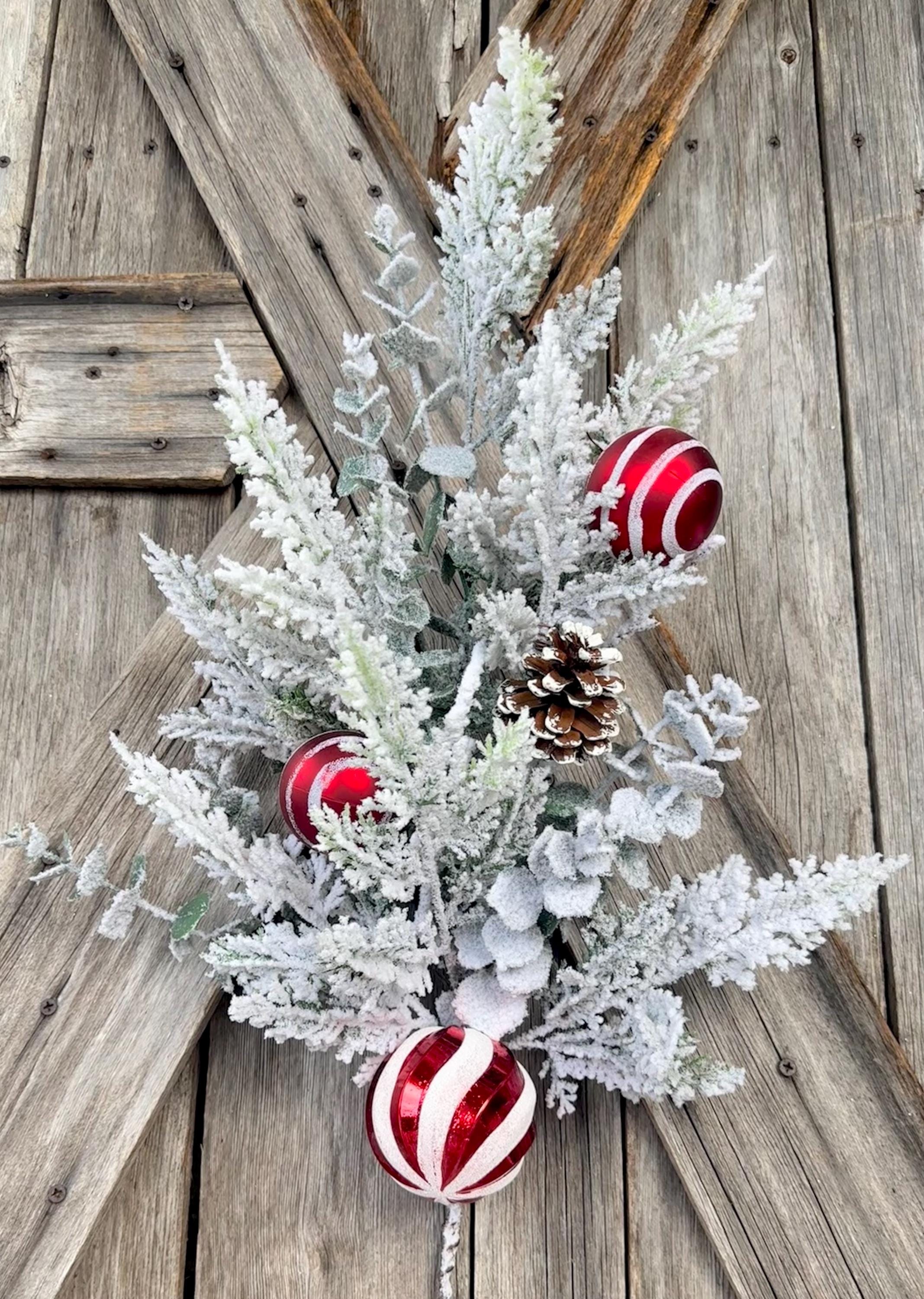 Large Red Ornament Flocked Pine Spray