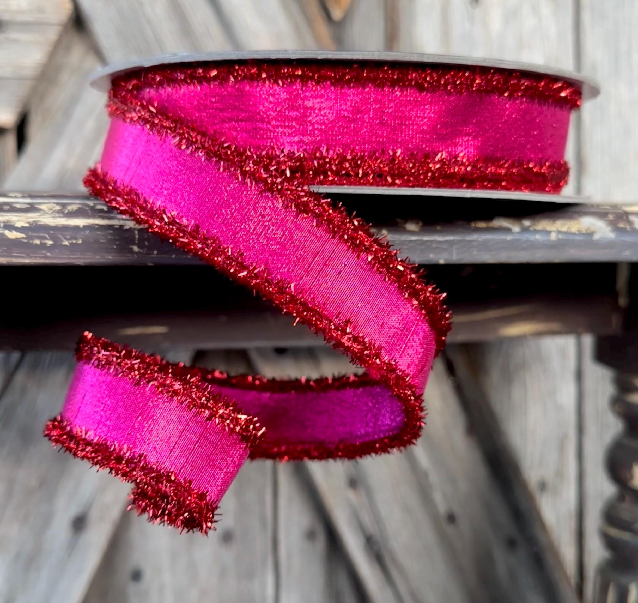 Hot Pink Red Tinsel Border Wired Ribbon 1 Inch