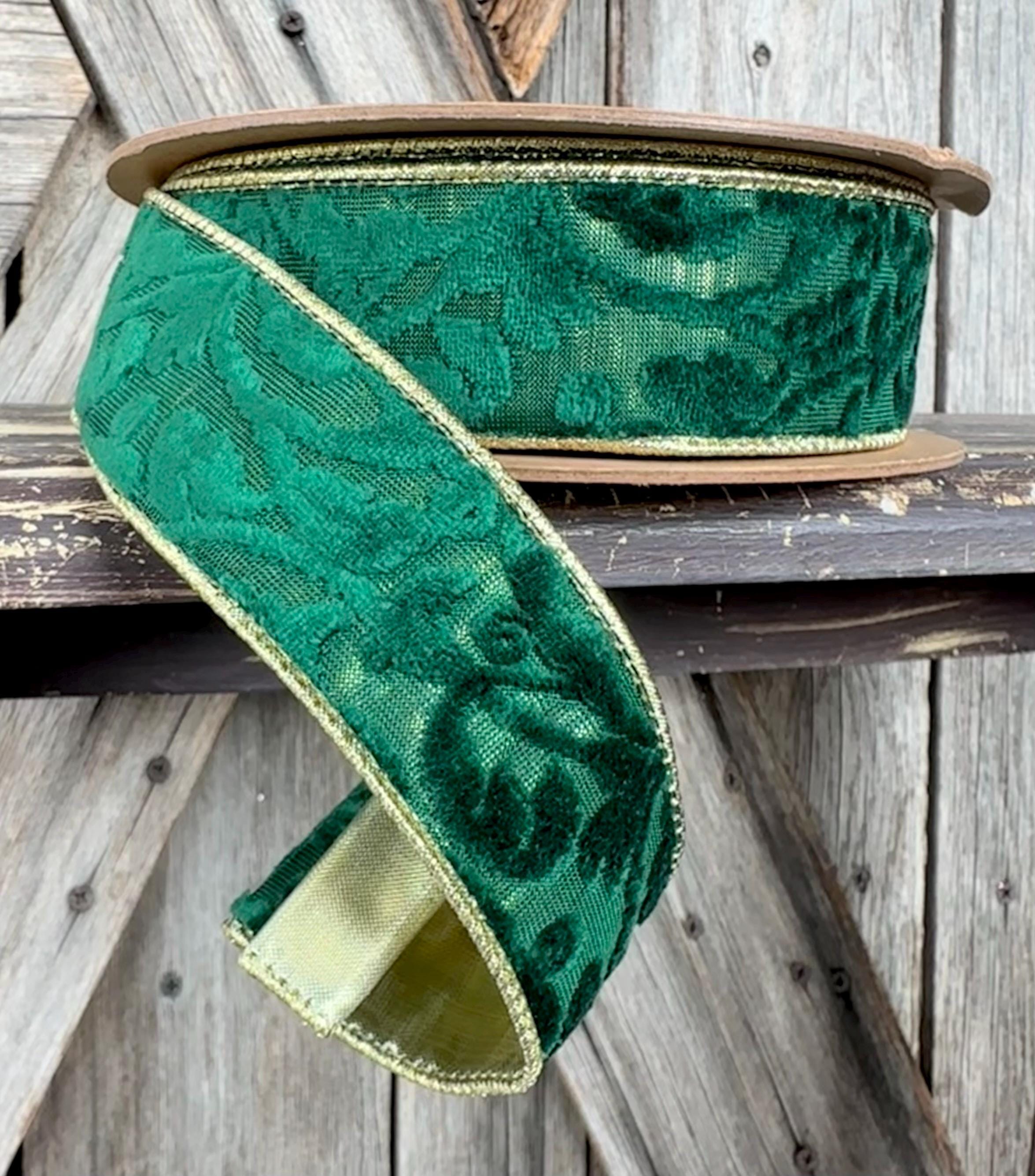 Emerald Floral Embossed Velvet Wired Ribbon 1.5 Inch