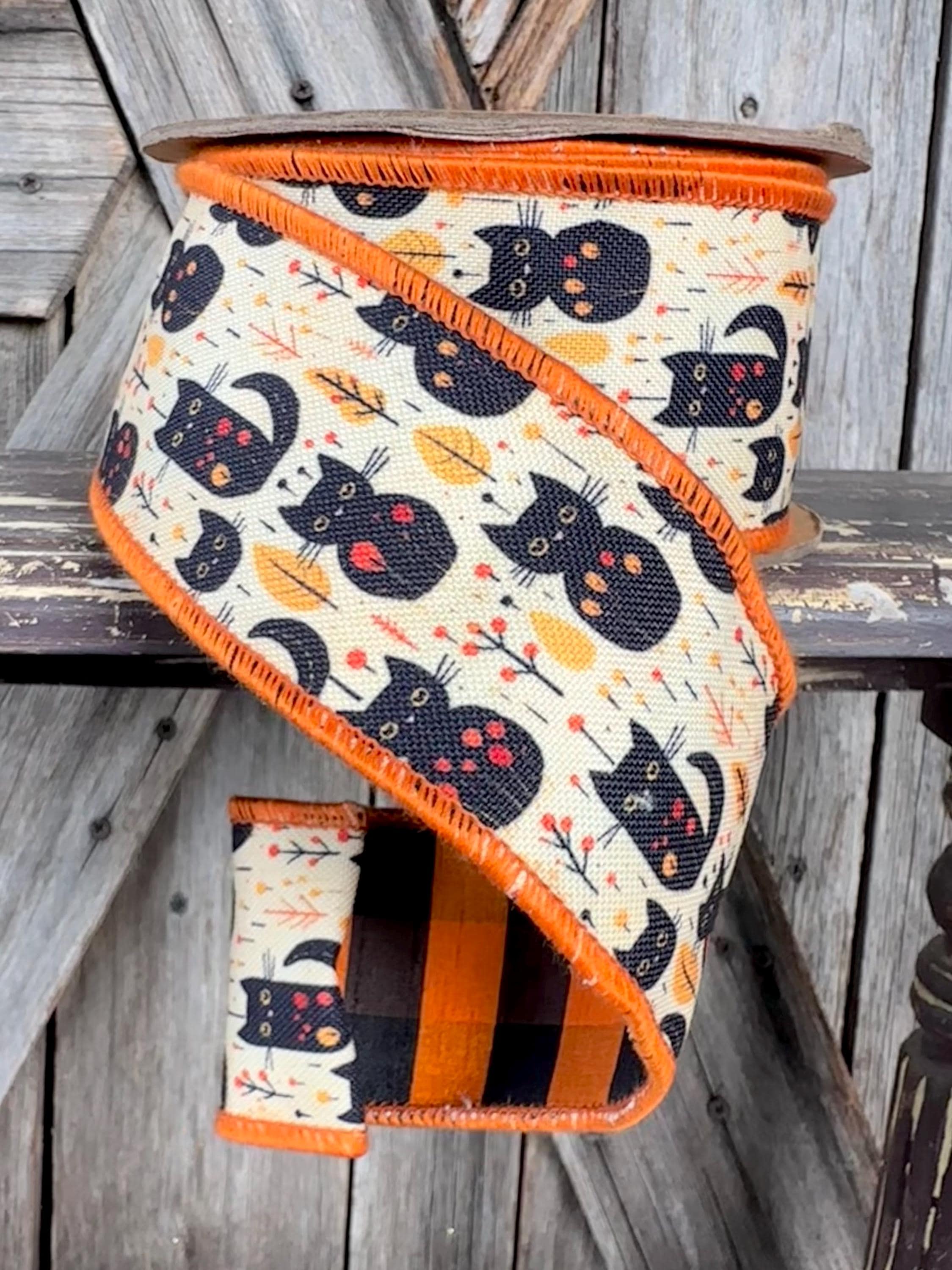 Cat with Reverse Orange Black Check Wired Ribbon 2.5 Inch