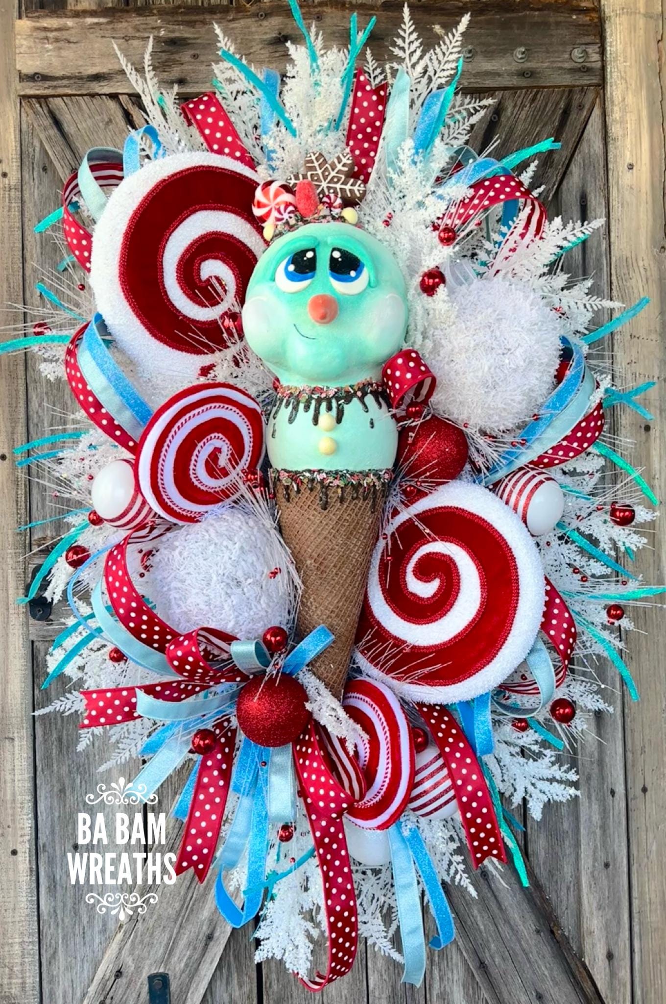 Christmas Mesh Wreath, Christmas Wreath, Holiday Wreath, Red Minty Blue Christmas Wreath, Snowman Wreath, Whimsical Christmas