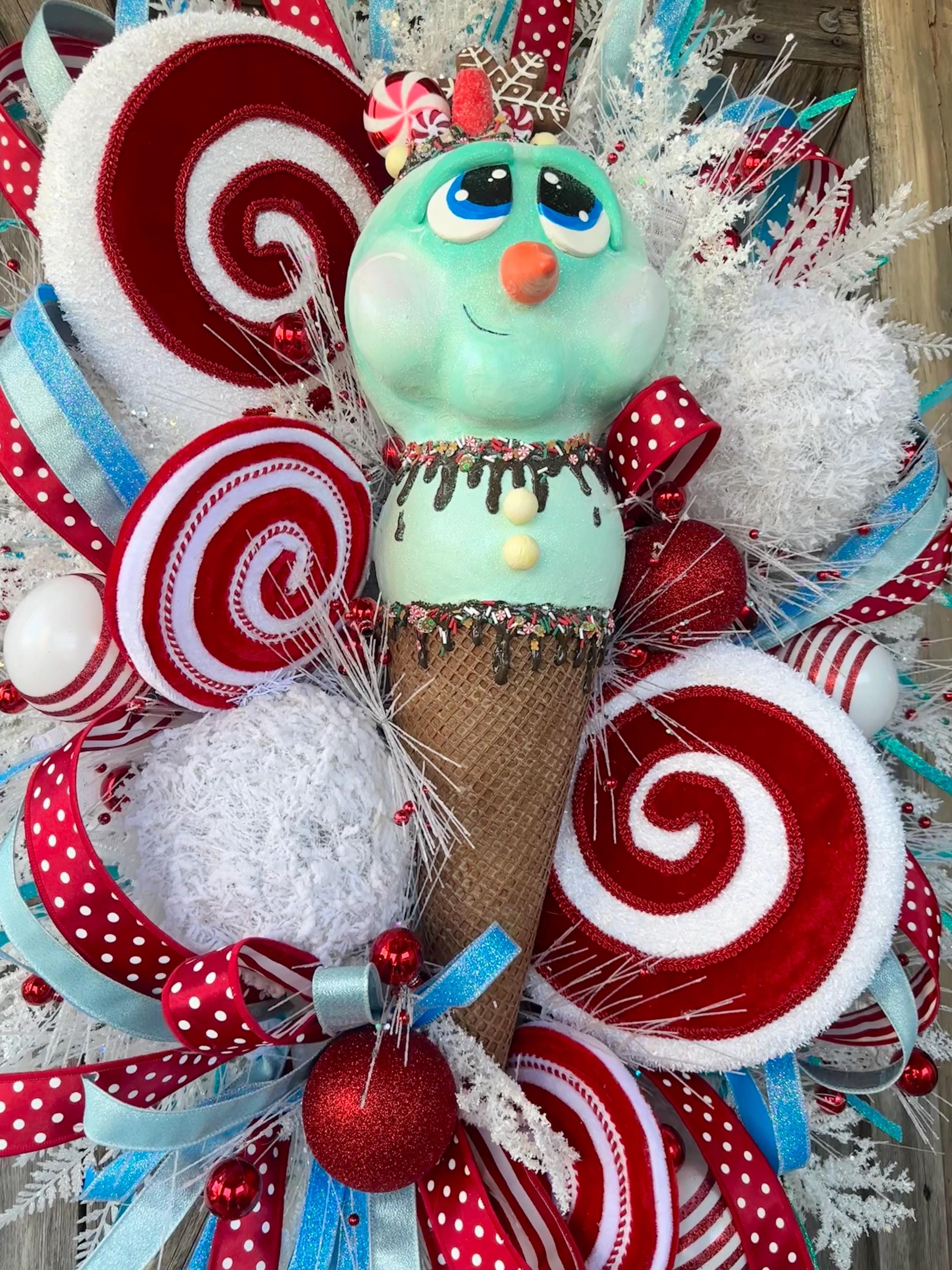 Christmas Mesh Wreath, Christmas Wreath, Holiday Wreath, Red Minty Blue Christmas Wreath, Snowman Wreath, Whimsical Christmas