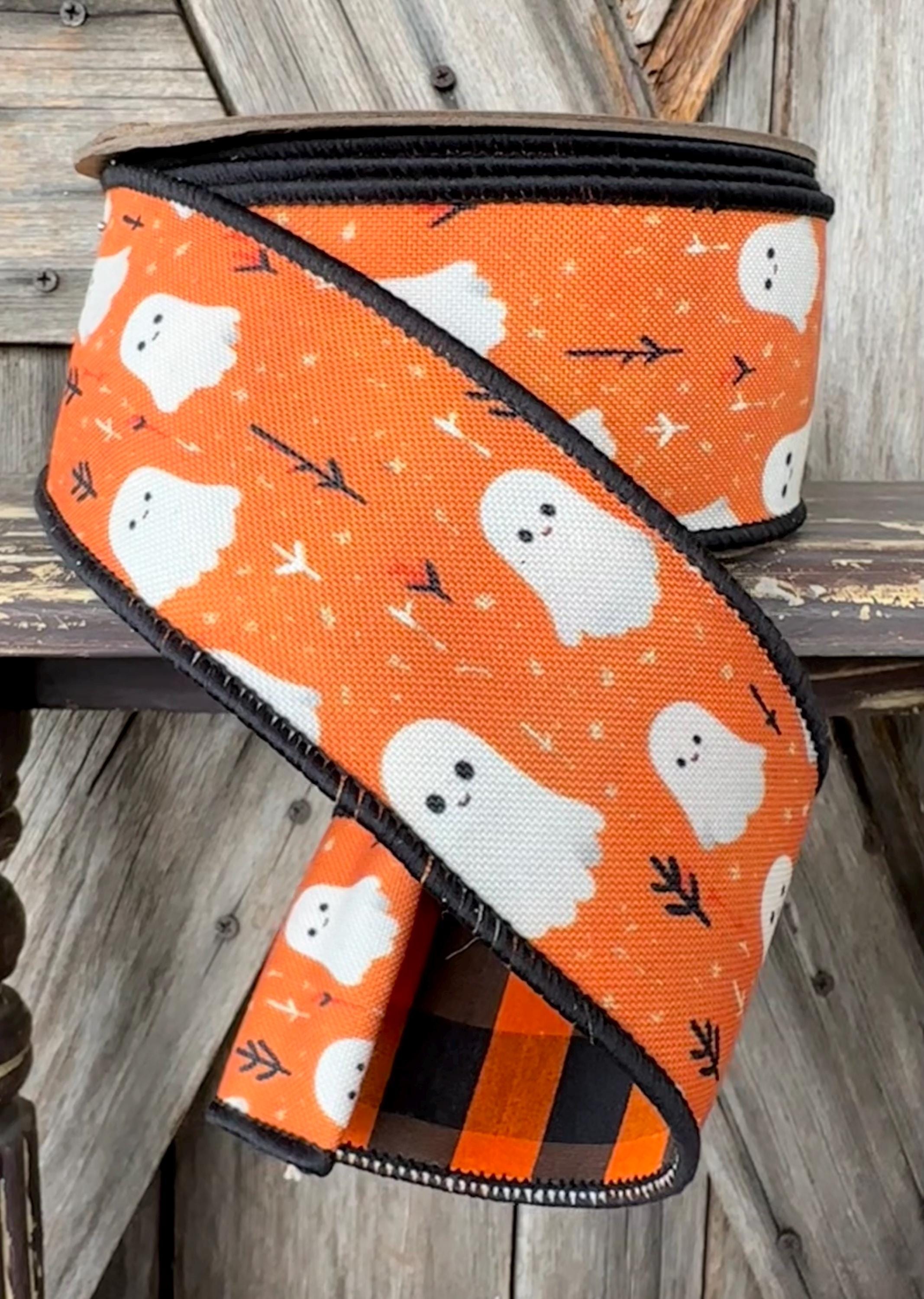 Ghost with Reverse Orange Black Check Wired Ribbon 2.5 Inch