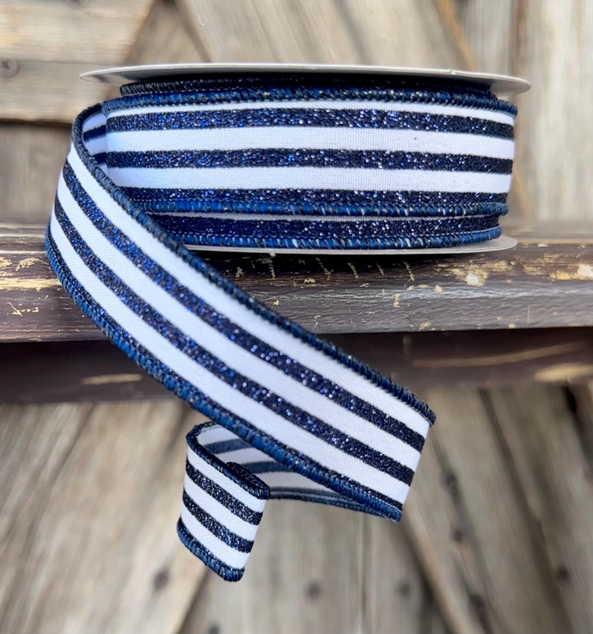 Navy White Glitter Stripe Wired Ribbon 7/8 Inch