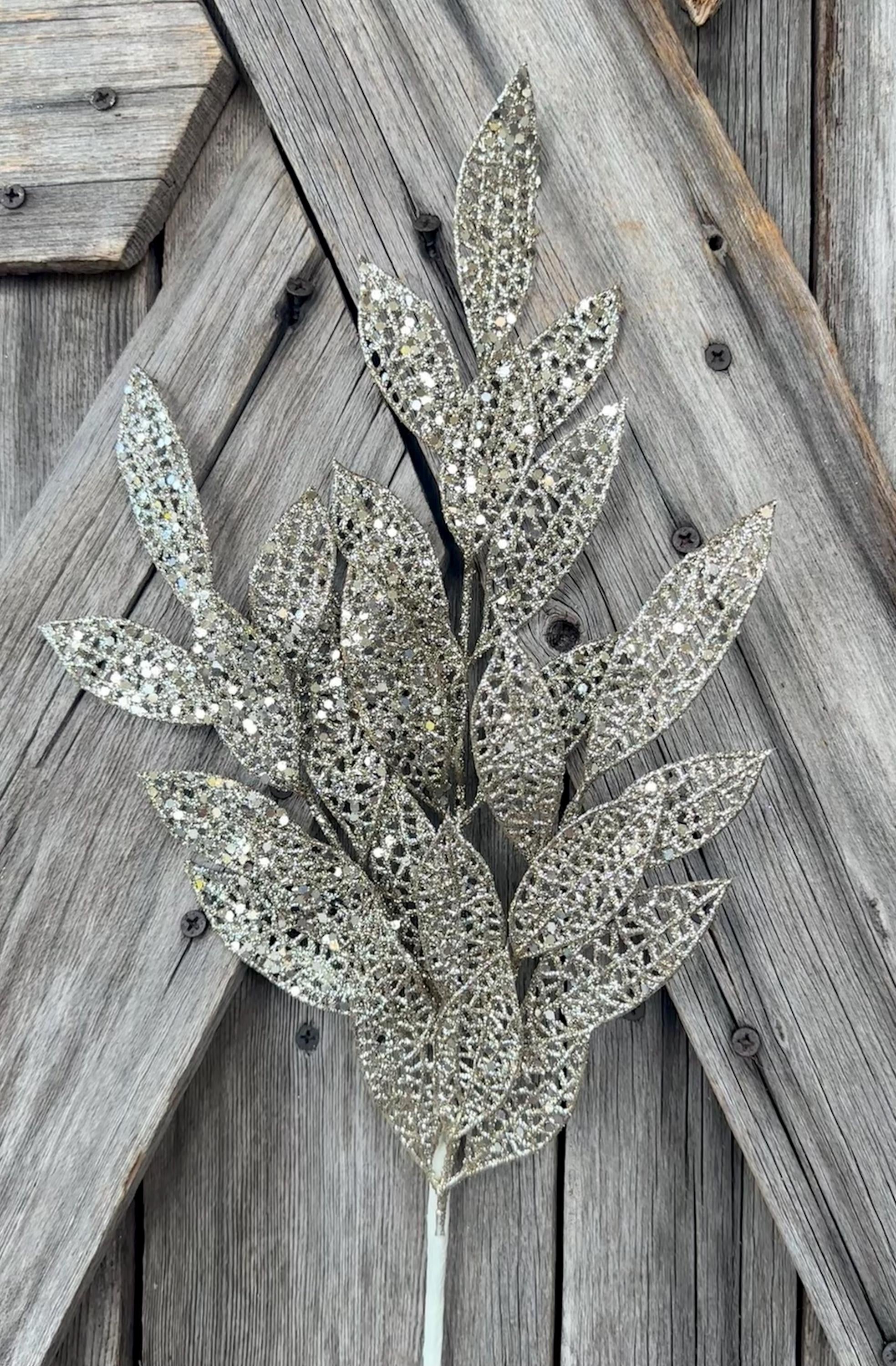Glittered Mesh Champayne Bay Leaf Spray , Wreath Supply, Floral