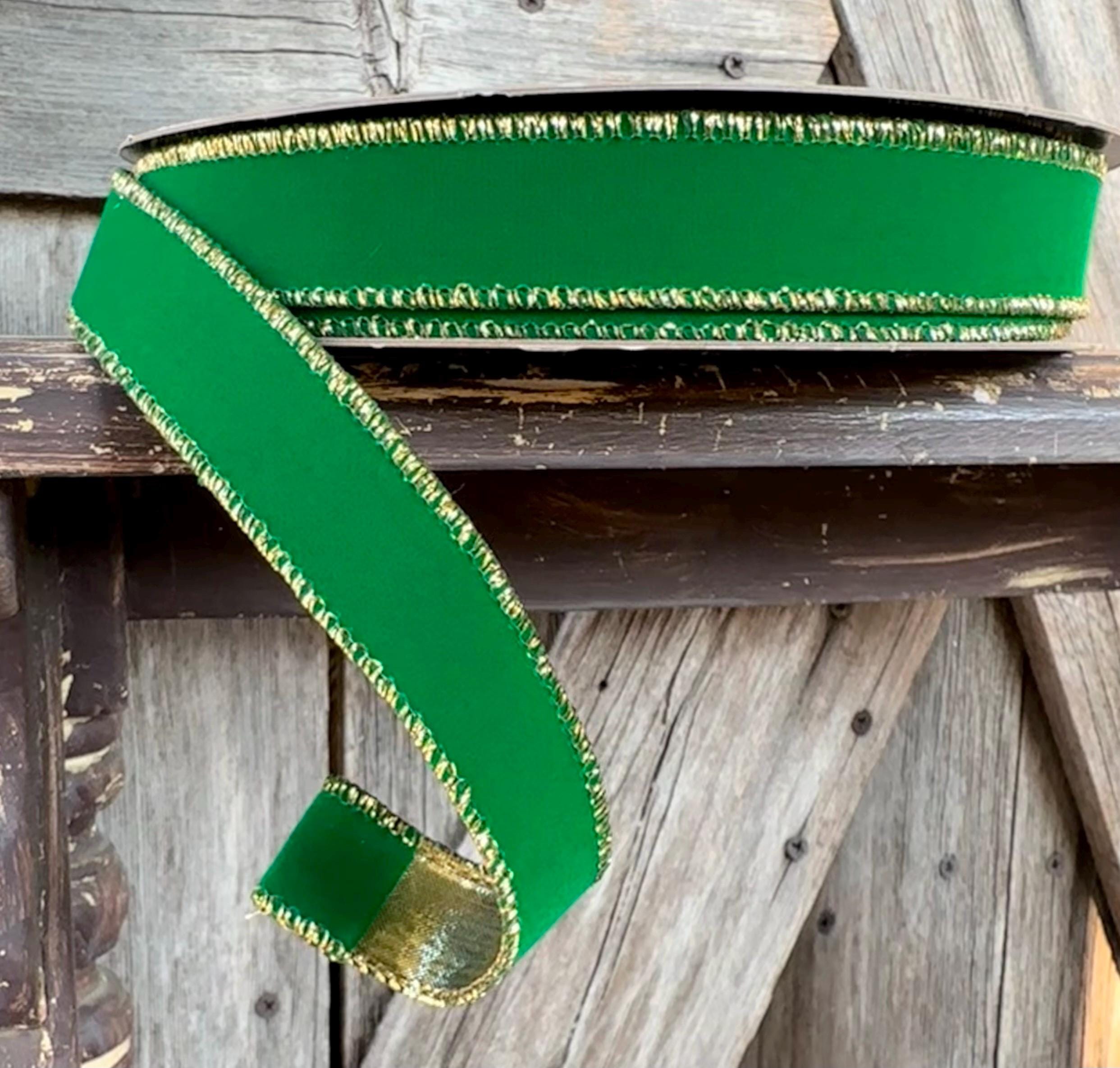 Flocked Green Wired Ribbon 1 Inch, 25 Yards