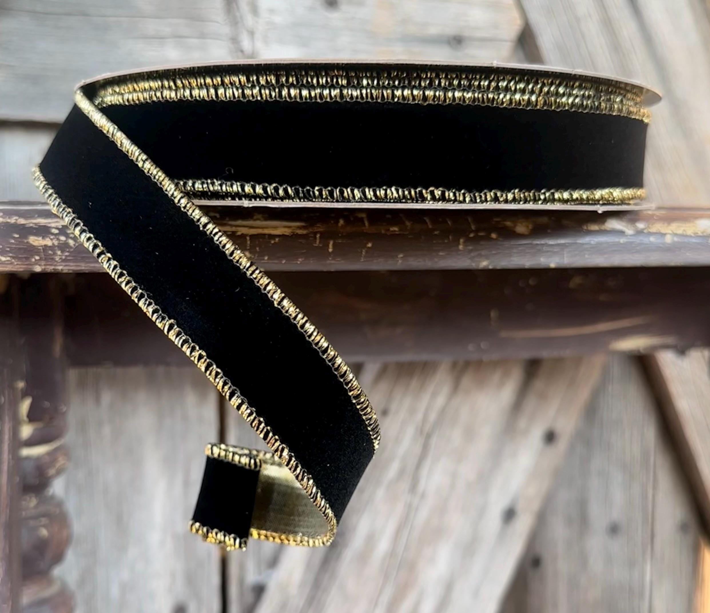 Flocked Black Wired Ribbon 1 Inch, 25 Yards