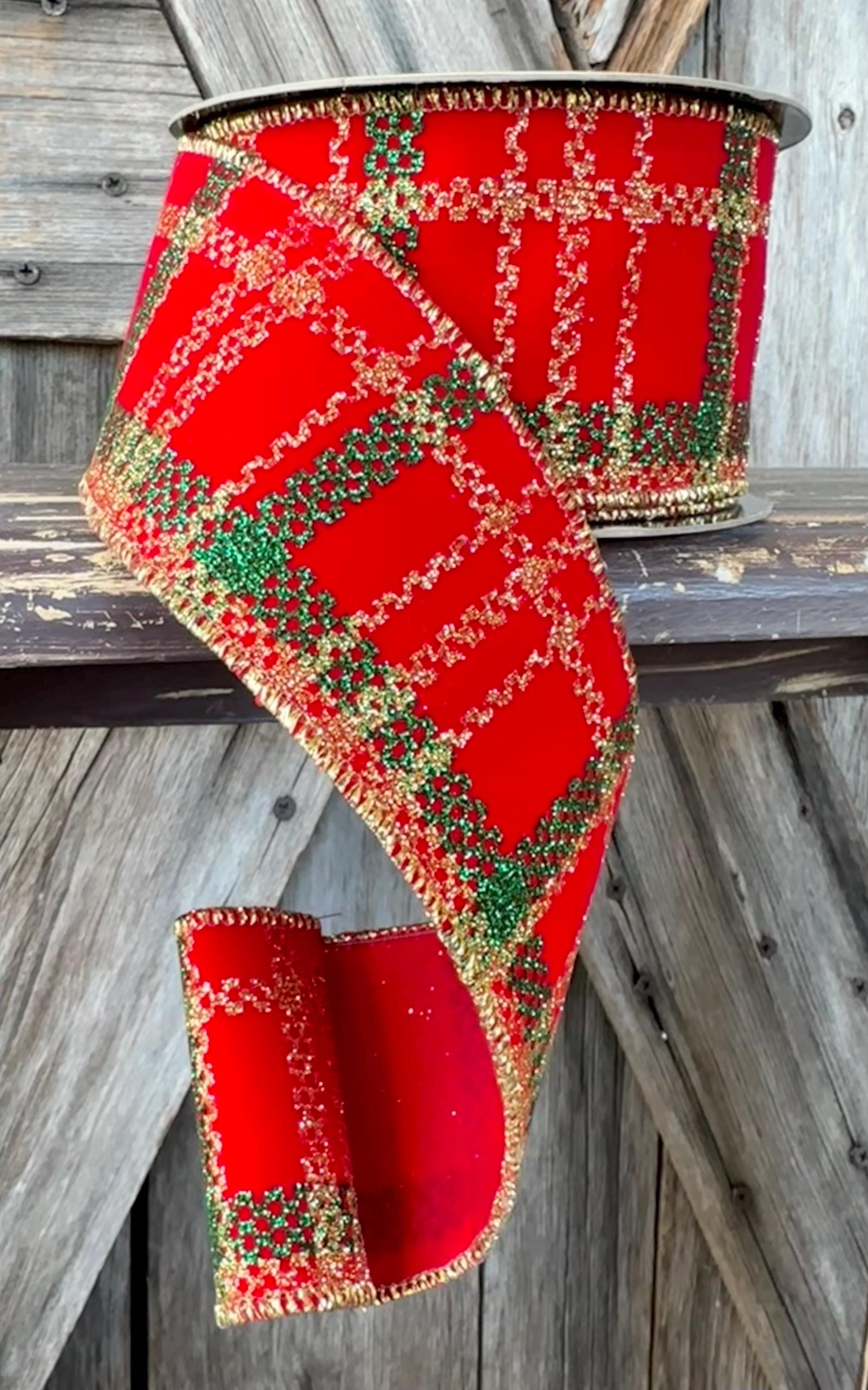 Red Gold Green Plaid Wired Ribbon 2.5 Inch