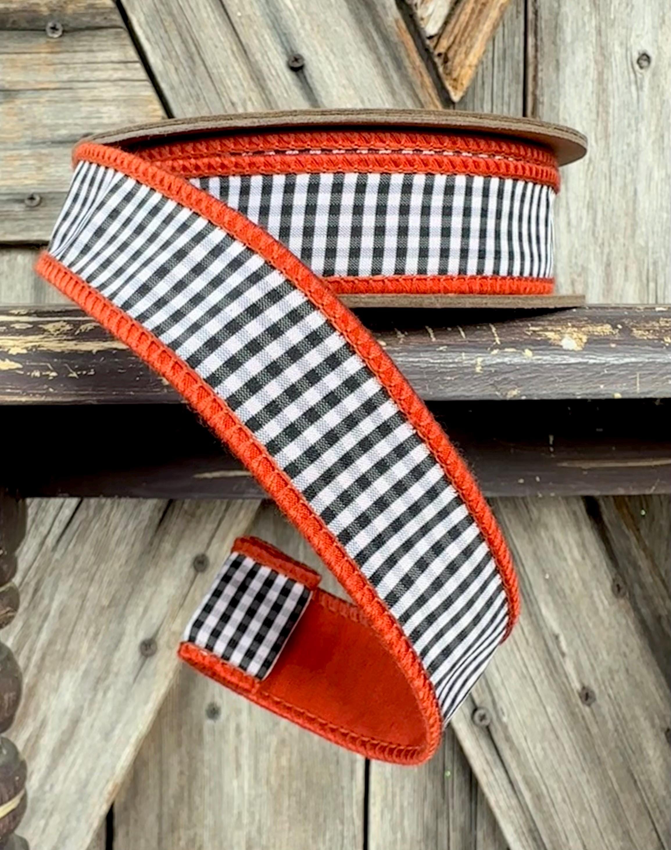 Black White Mini Check Orange Trim Wired Ribbon 1 Inch