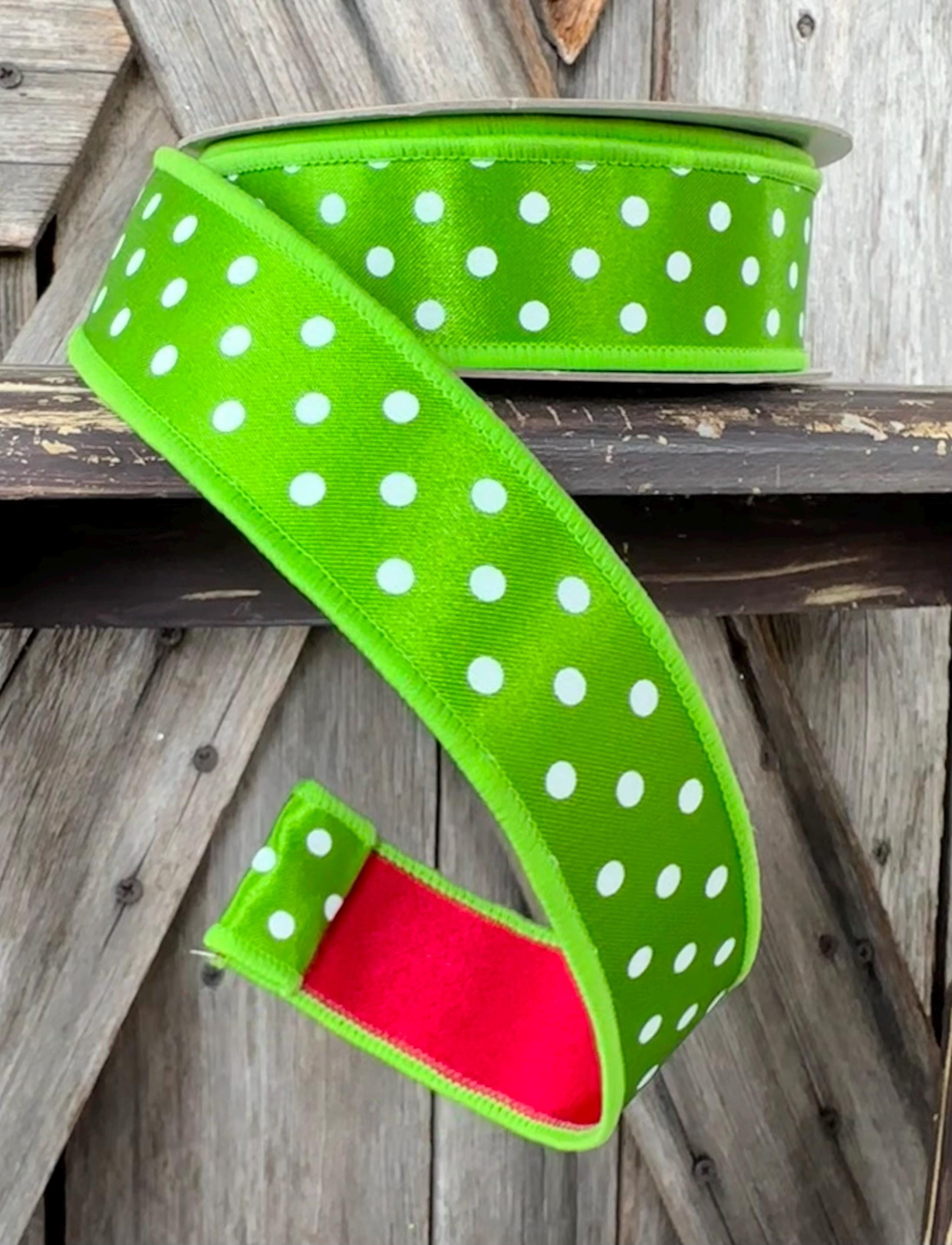 Green White Red Polka Dot Wired Ribbon 1.5 Inch