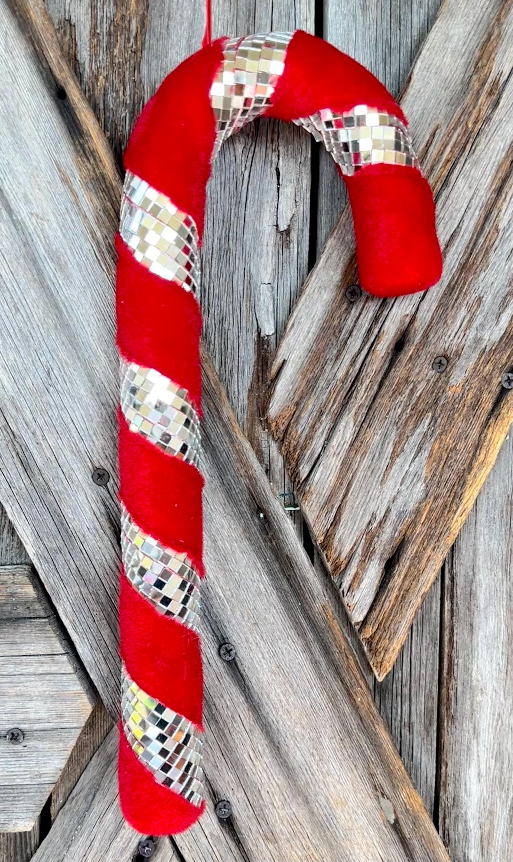 Disco Red Flocked Candy Cane, 16 Inches